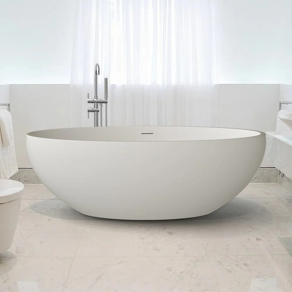 67'' Solid Surface Stone Resin Oval-shaped Matte White Freestanding Soaking Bathtub with Overflow - Image 8
