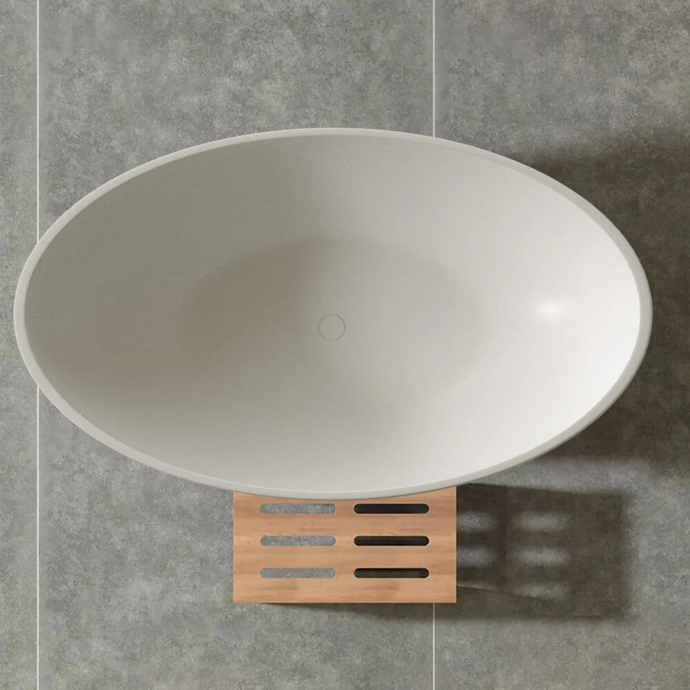 67'' Solid Surface Stone Resin Oval-shaped Matte White Freestanding Soaking Bathtub with Overflow - Image 9