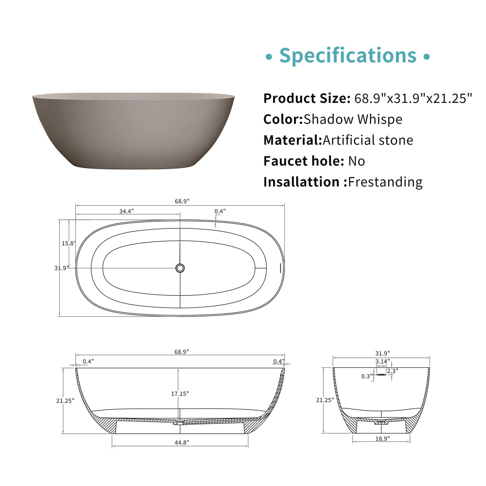 69" Beige Solid Surface 2-Person Bathtub – Spacious Comfort - Image 6