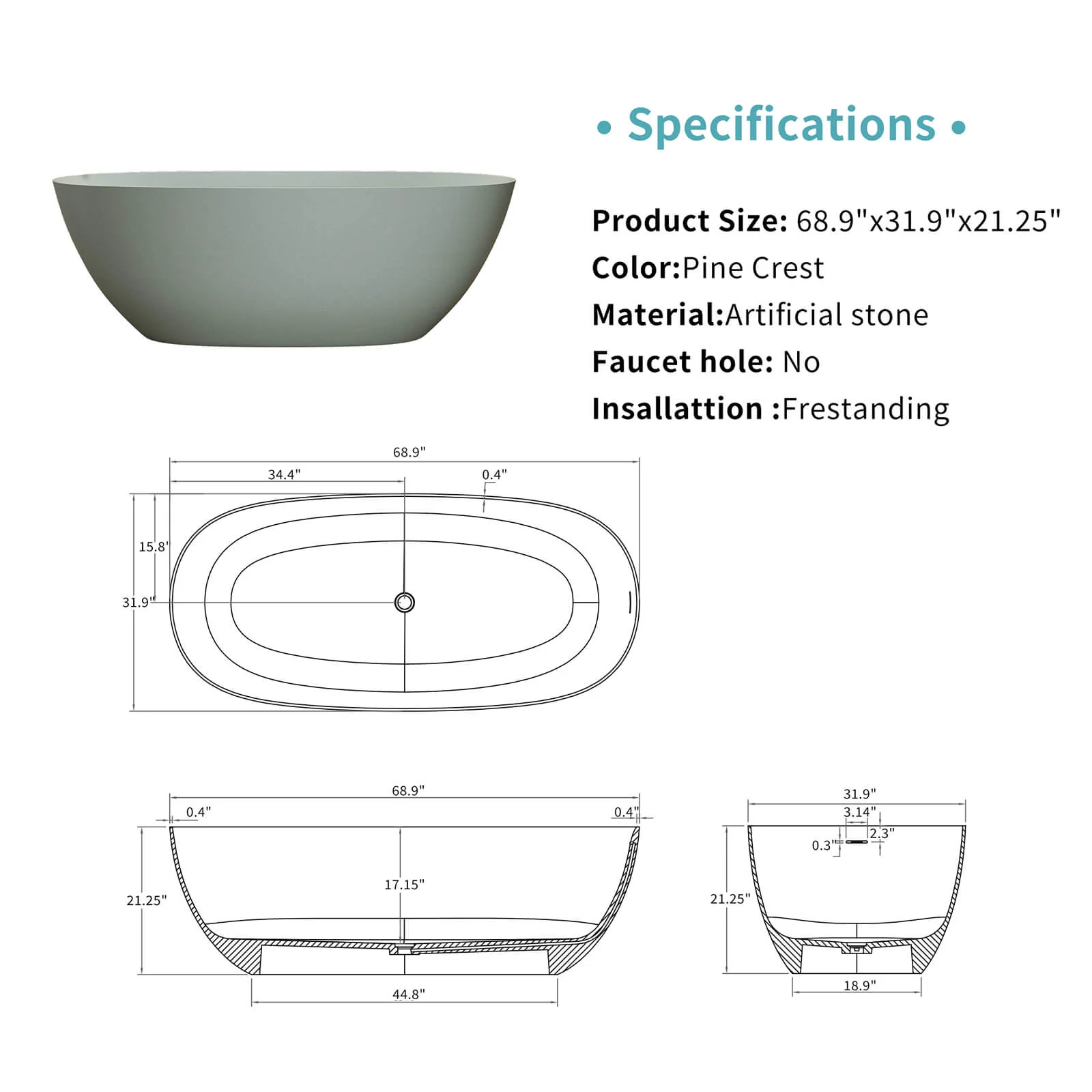 69" Turquoise Green Solid Surface 2-Person Bathtub – Spacious Comfort - Image 6