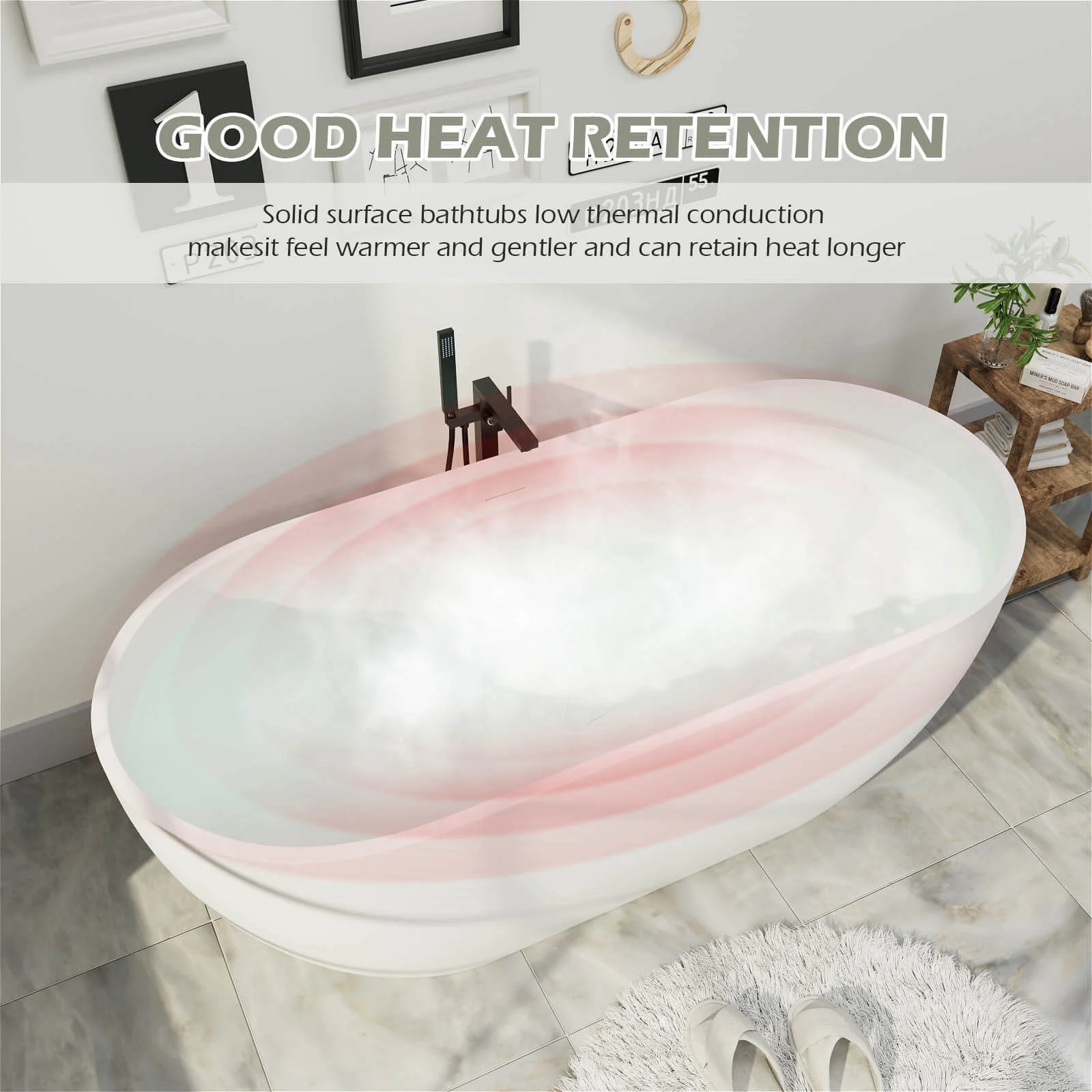 69'' Modern Bathtub Solid Surface Stone Resin Oval-shaped Freestanding Soaking Tub - Image 10