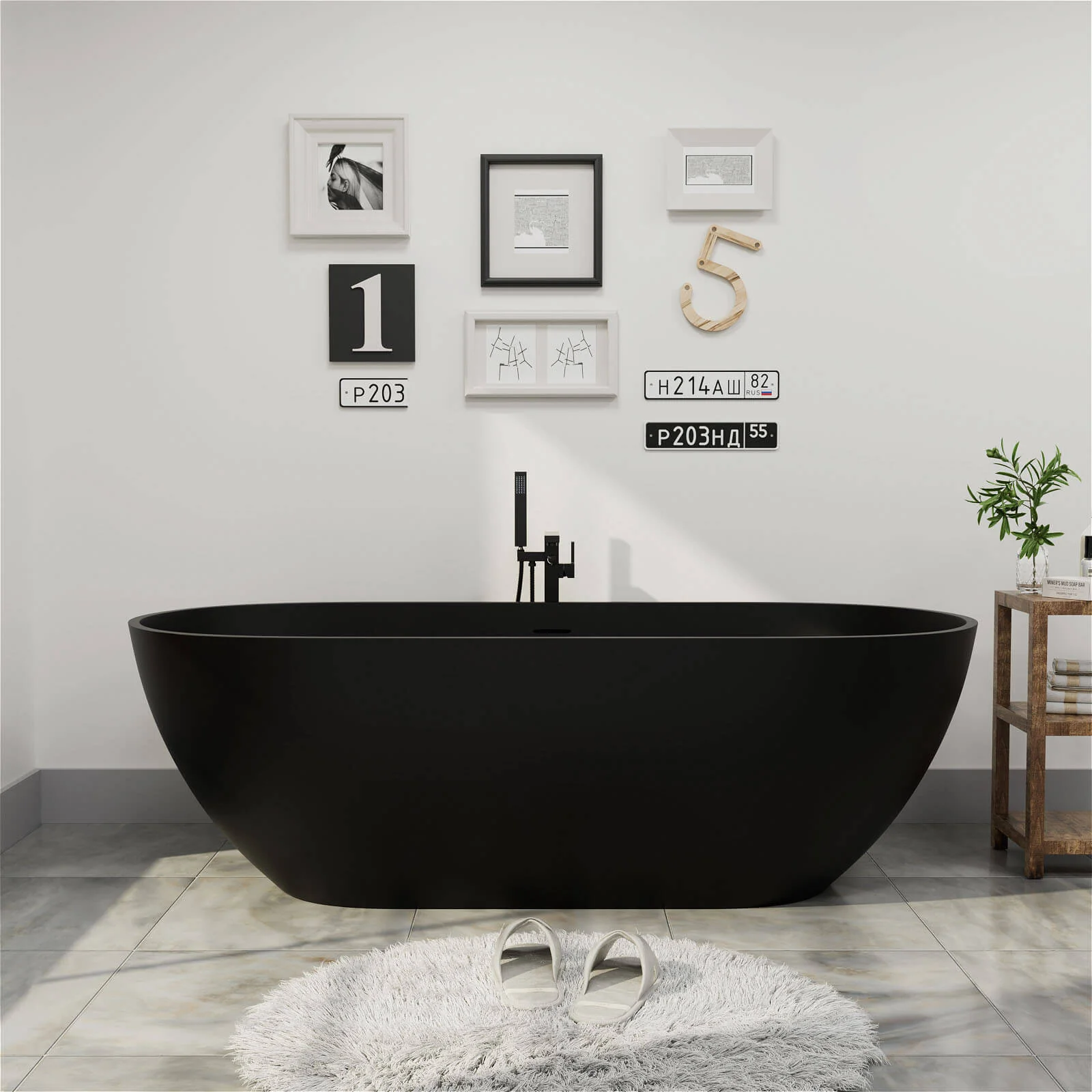 69'' Modern Bathtub Solid Surface Stone Resin Oval-shaped Freestanding Soaking Tub - Image 13