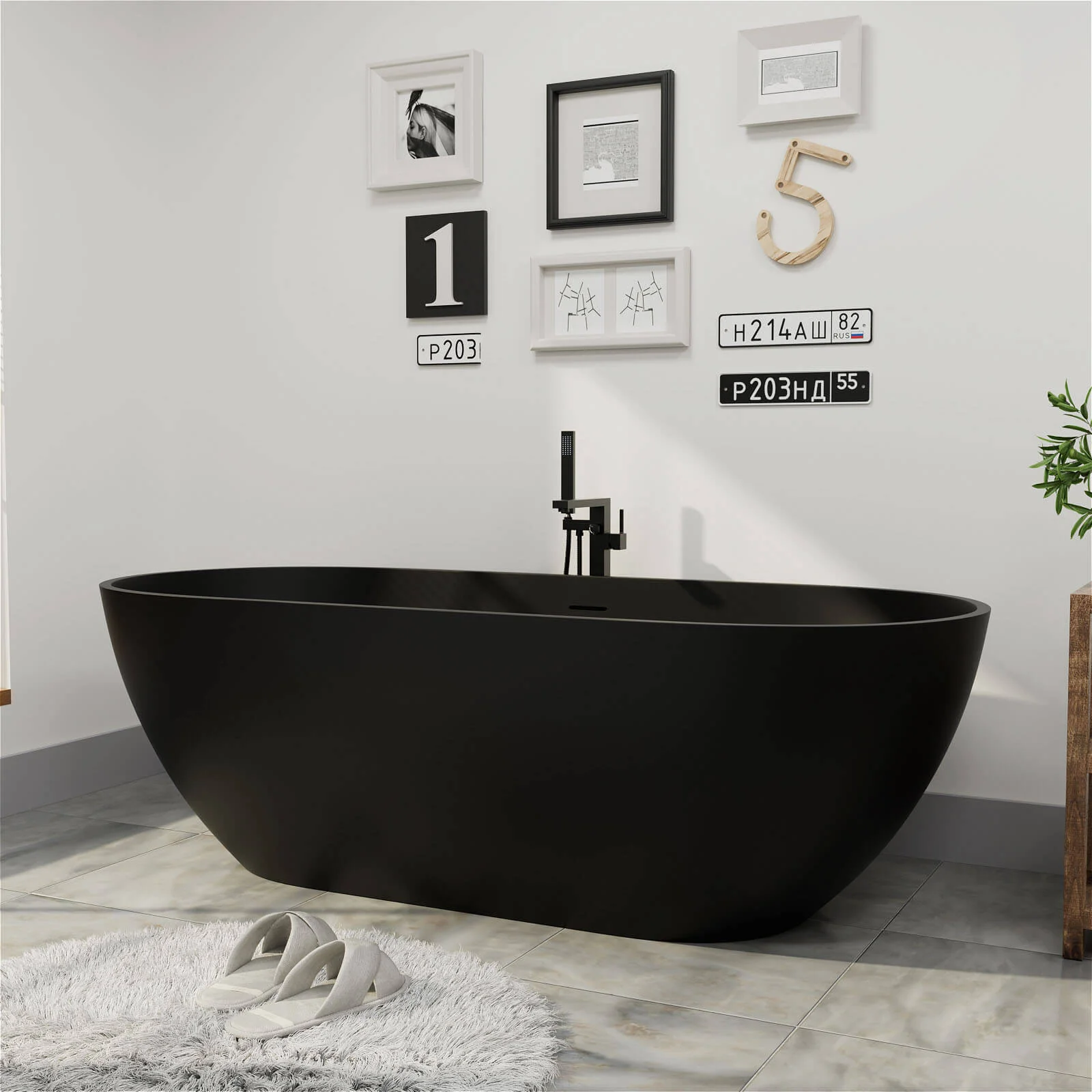 69'' Modern Bathtub Solid Surface Stone Resin Oval-shaped Freestanding Soaking Tub - Image 14