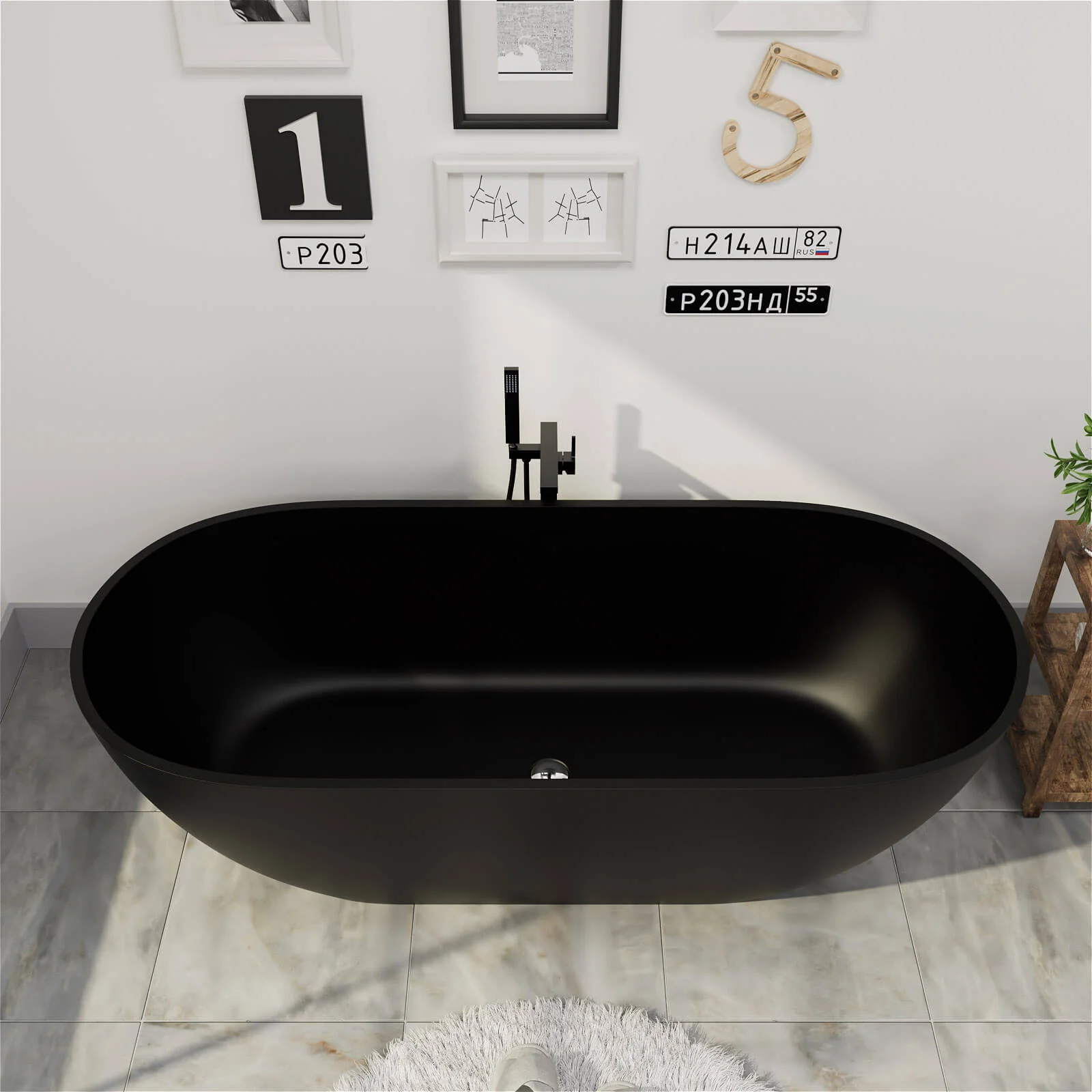 69'' Modern Bathtub Solid Surface Stone Resin Oval-shaped Freestanding Soaking Tub - Image 15