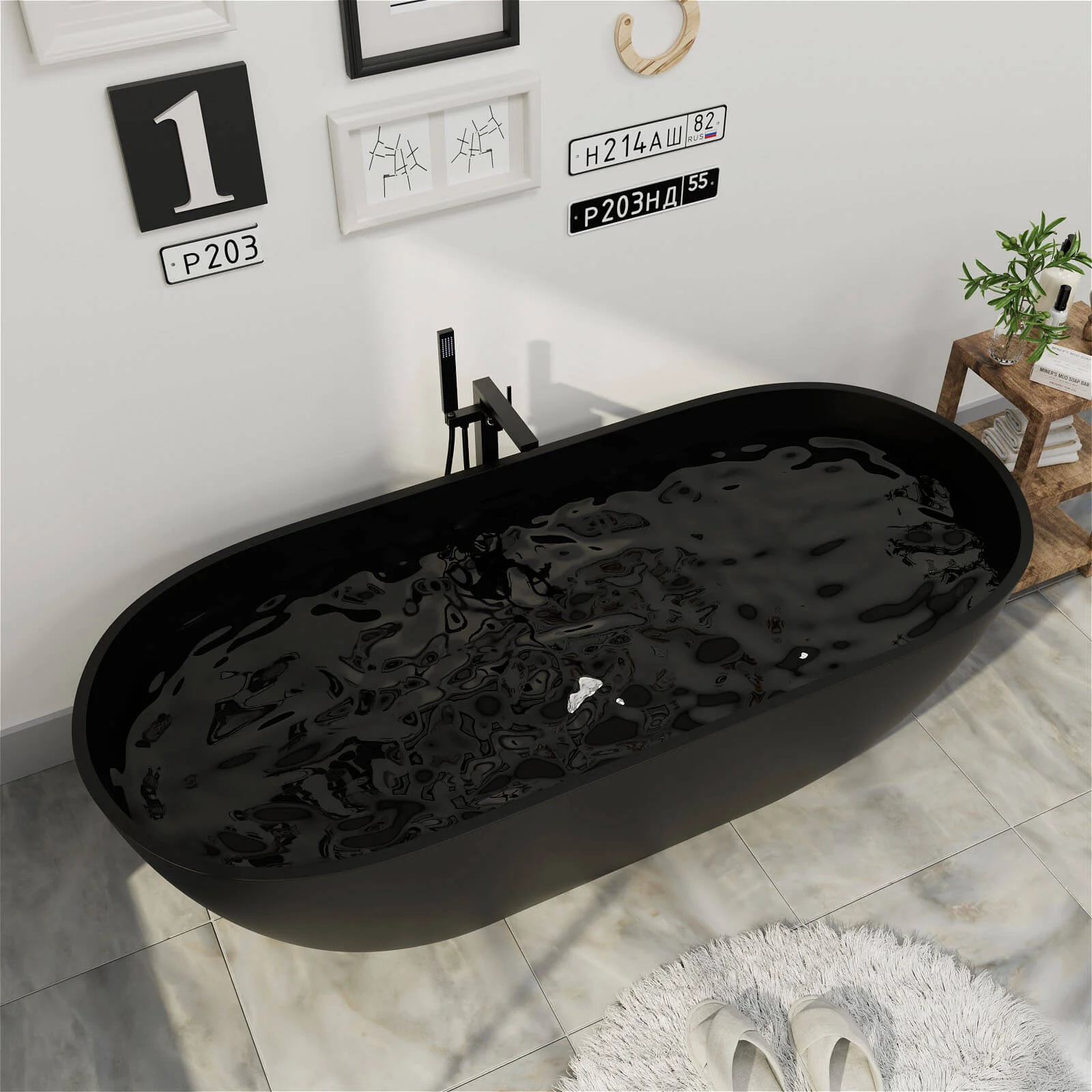 69'' Modern Bathtub Solid Surface Stone Resin Oval-shaped Freestanding Soaking Tub - Image 16