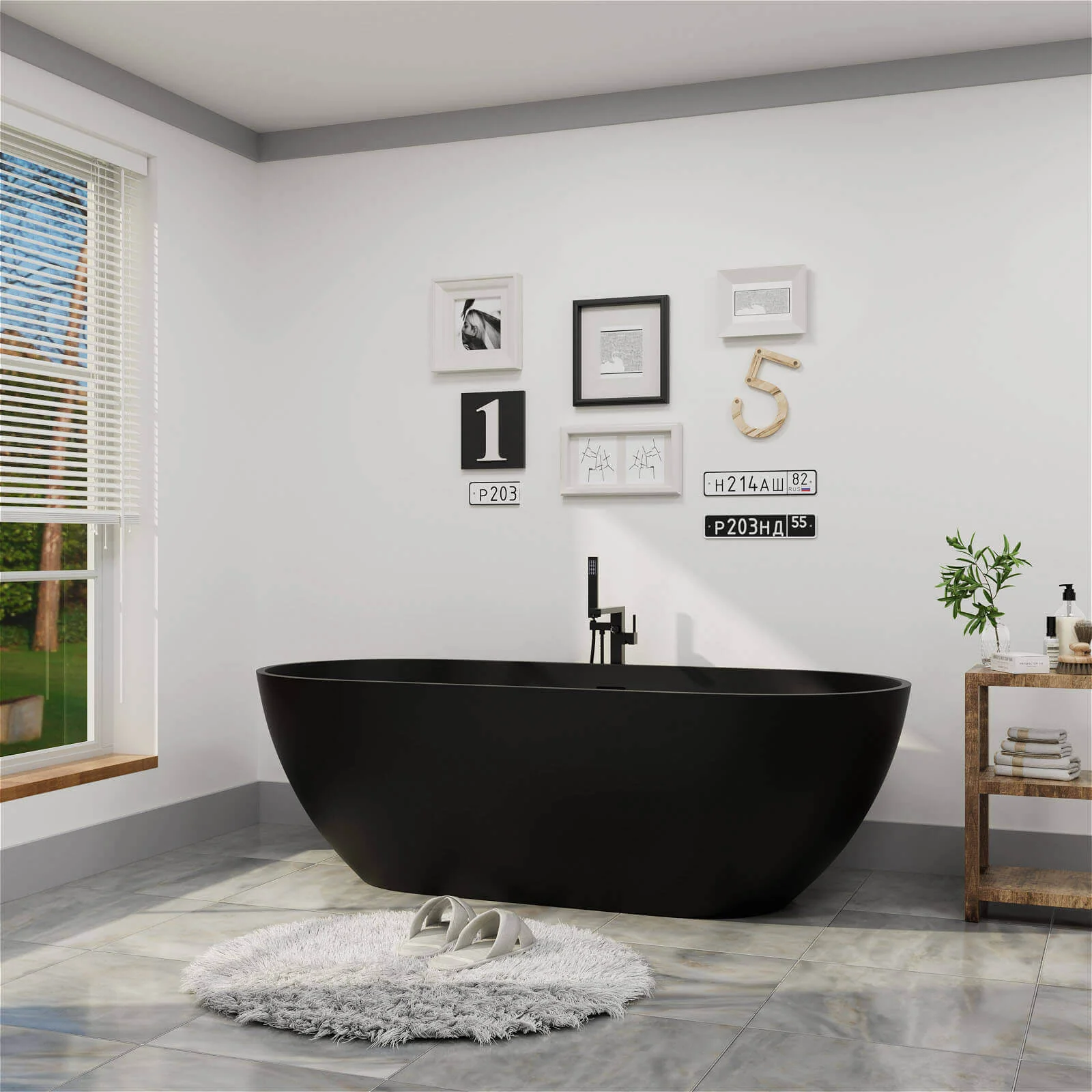 69'' Modern Bathtub Solid Surface Stone Resin Oval-shaped Freestanding Soaking Tub - Image 17
