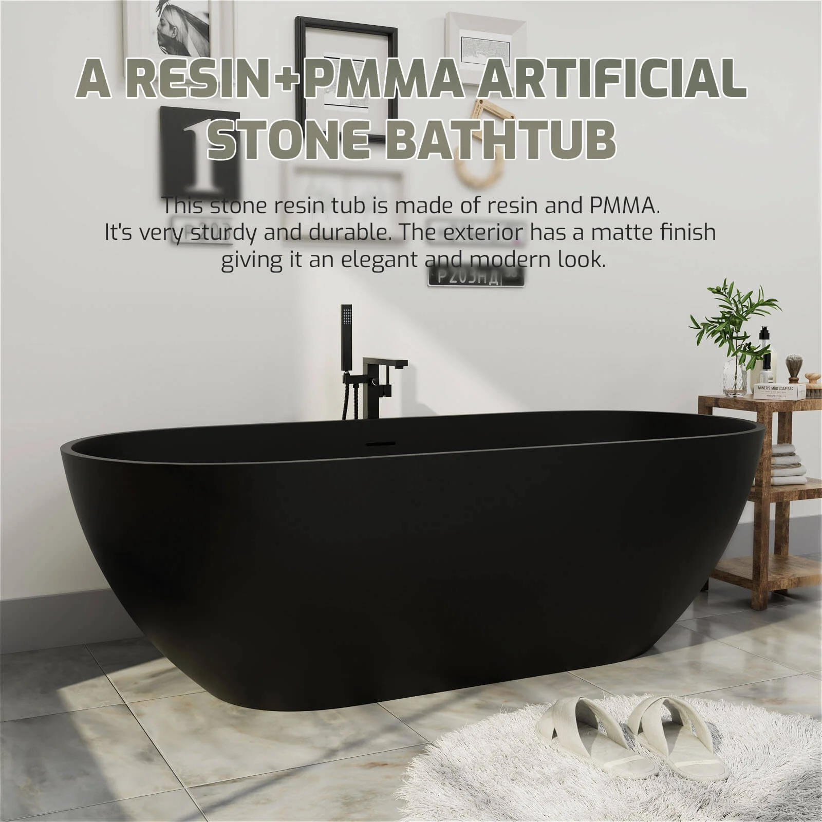 69'' Modern Bathtub Solid Surface Stone Resin Oval-shaped Freestanding Soaking Tub - Image 18