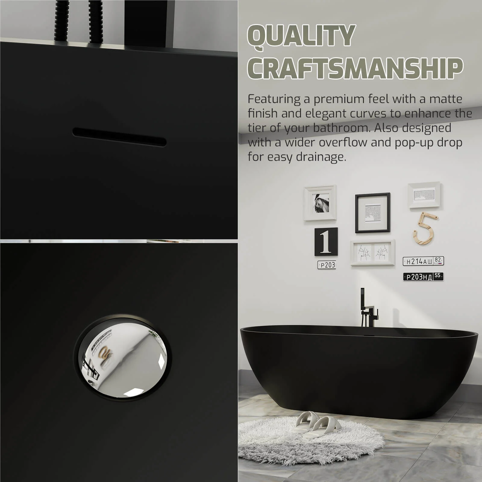 69'' Modern Bathtub Solid Surface Stone Resin Oval-shaped Freestanding Soaking Tub - Image 19