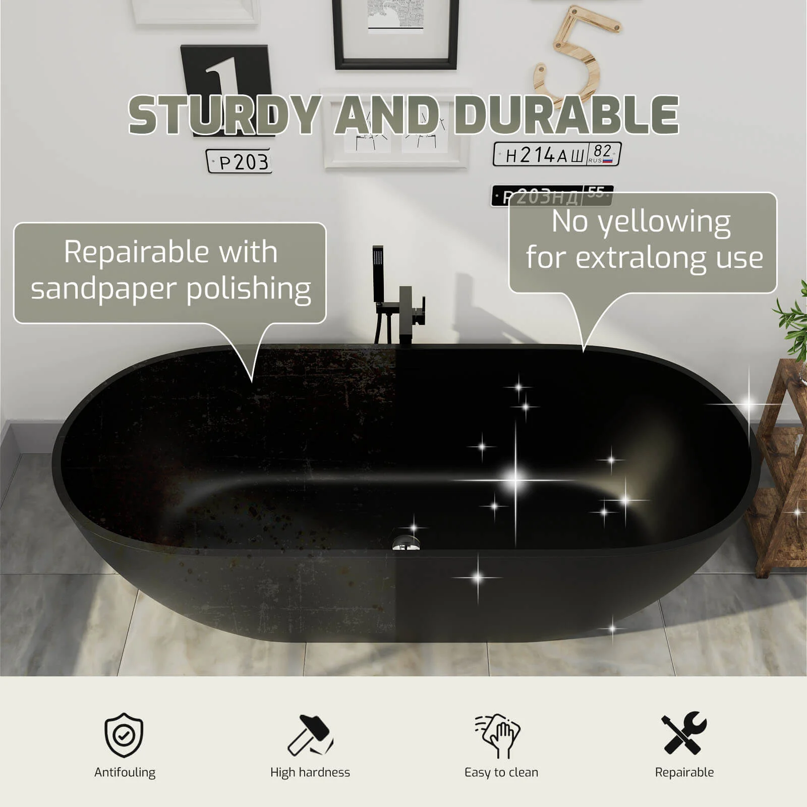 69'' Modern Bathtub Solid Surface Stone Resin Oval-shaped Freestanding Soaking Tub - Image 21