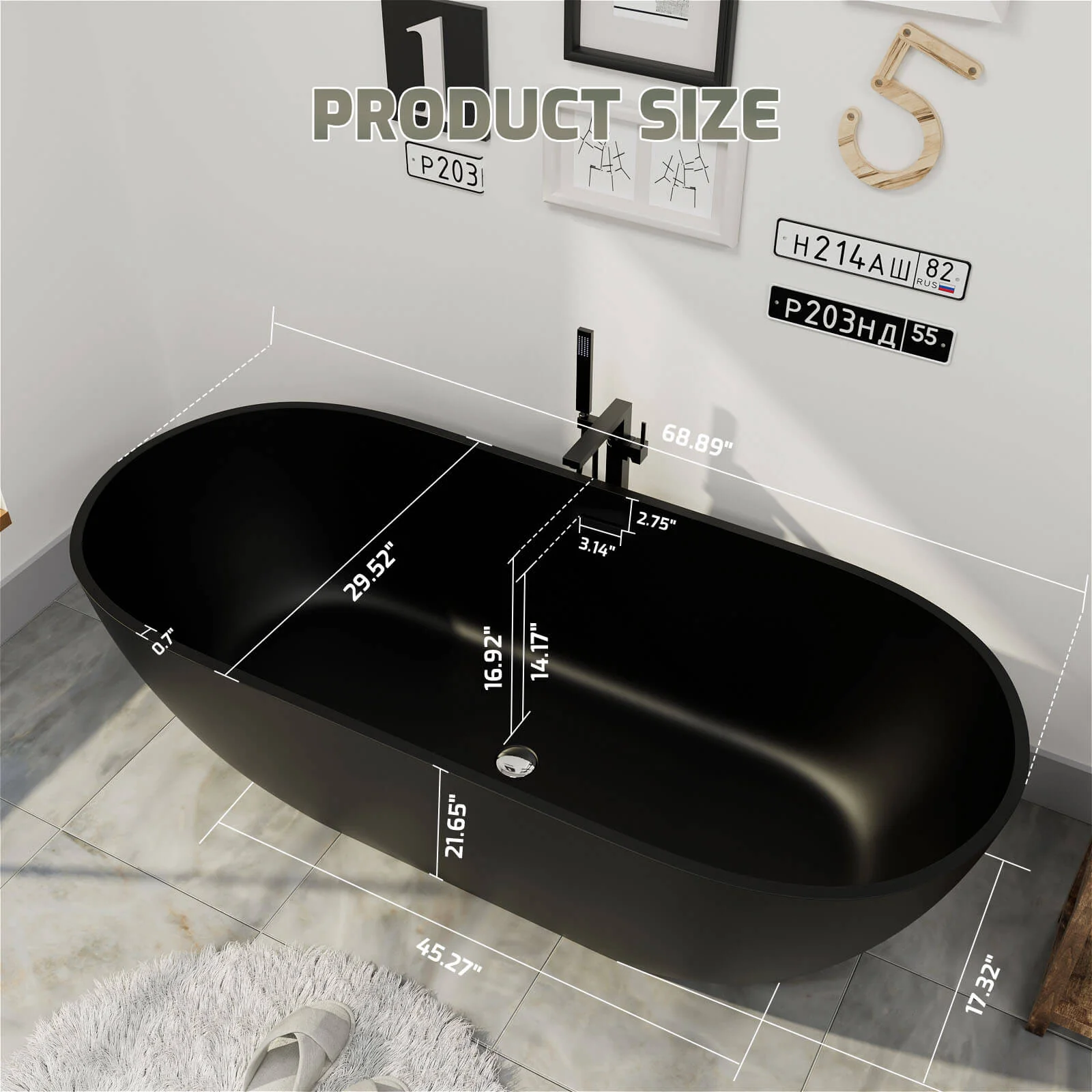 69'' Modern Bathtub Solid Surface Stone Resin Oval-shaped Freestanding Soaking Tub - Image 22
