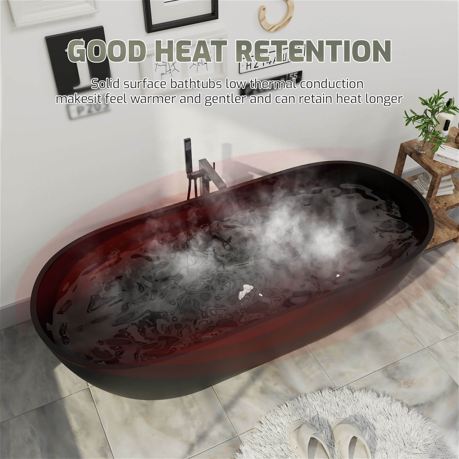 69'' Modern Bathtub Solid Surface Stone Resin Oval-shaped Freestanding Soaking Tub - Image 23