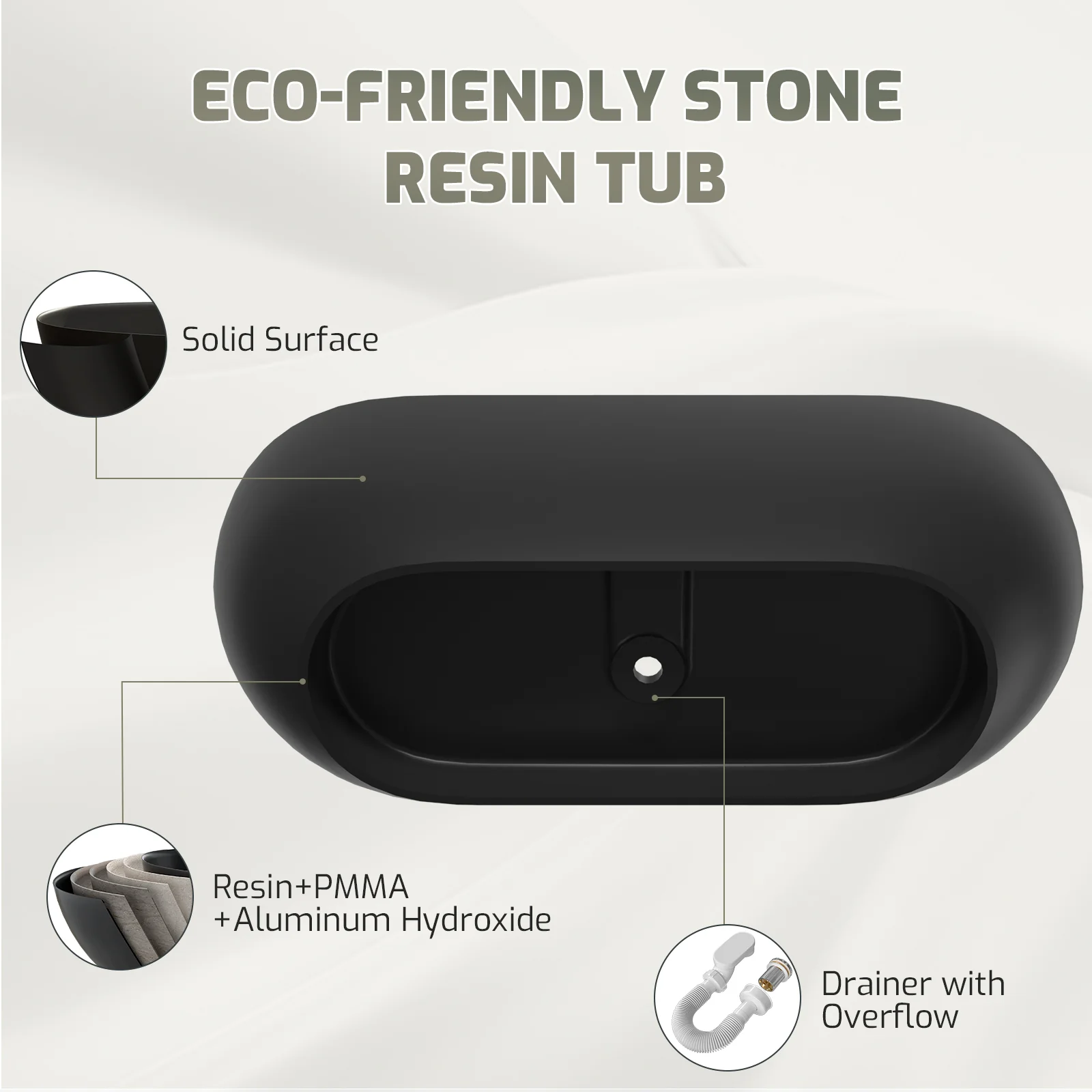 69'' Modern Bathtub Solid Surface Stone Resin Oval-shaped Freestanding Soaking Tub - Image 24