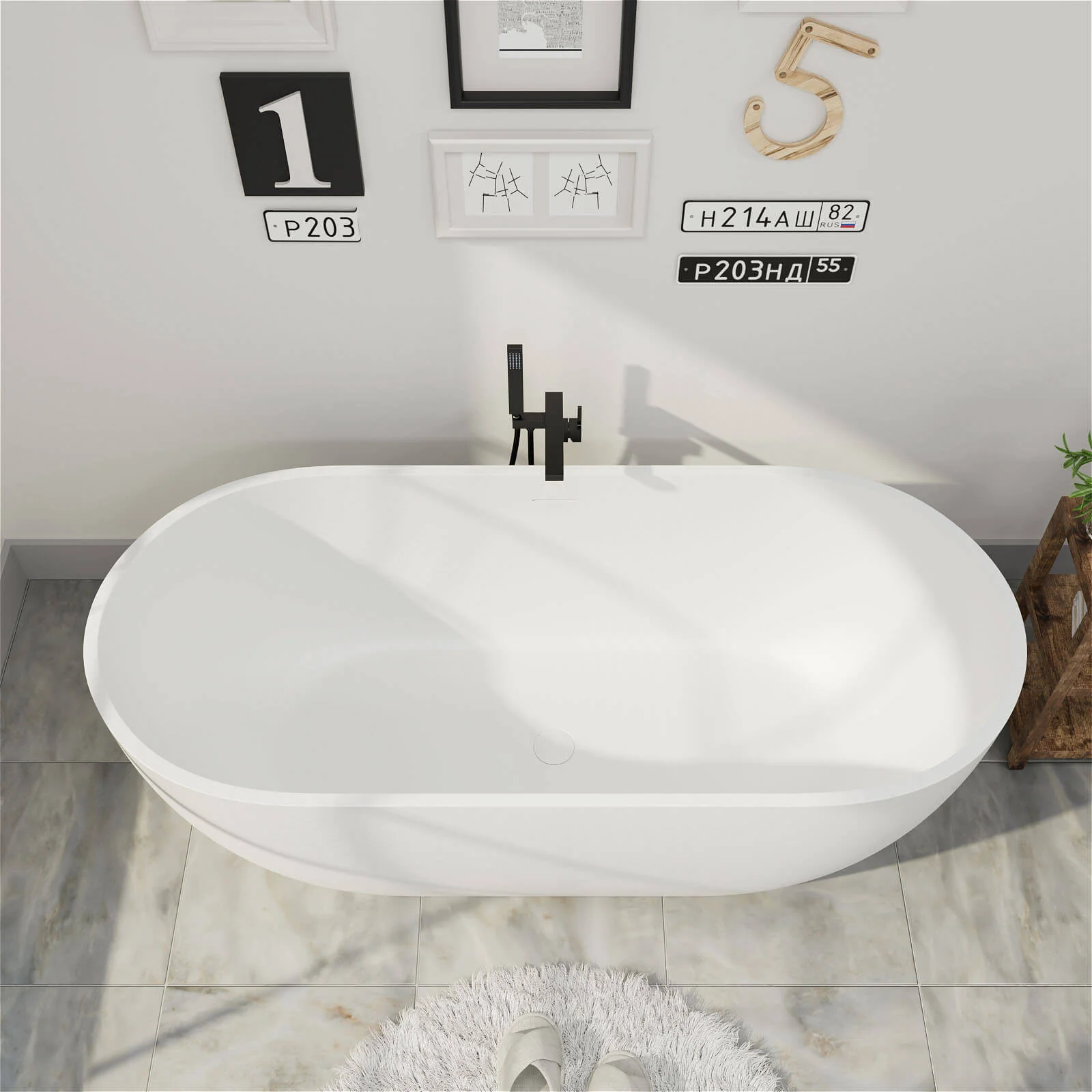69'' Modern Bathtub Solid Surface Stone Resin Oval-shaped Freestanding Soaking Tub - Image 3