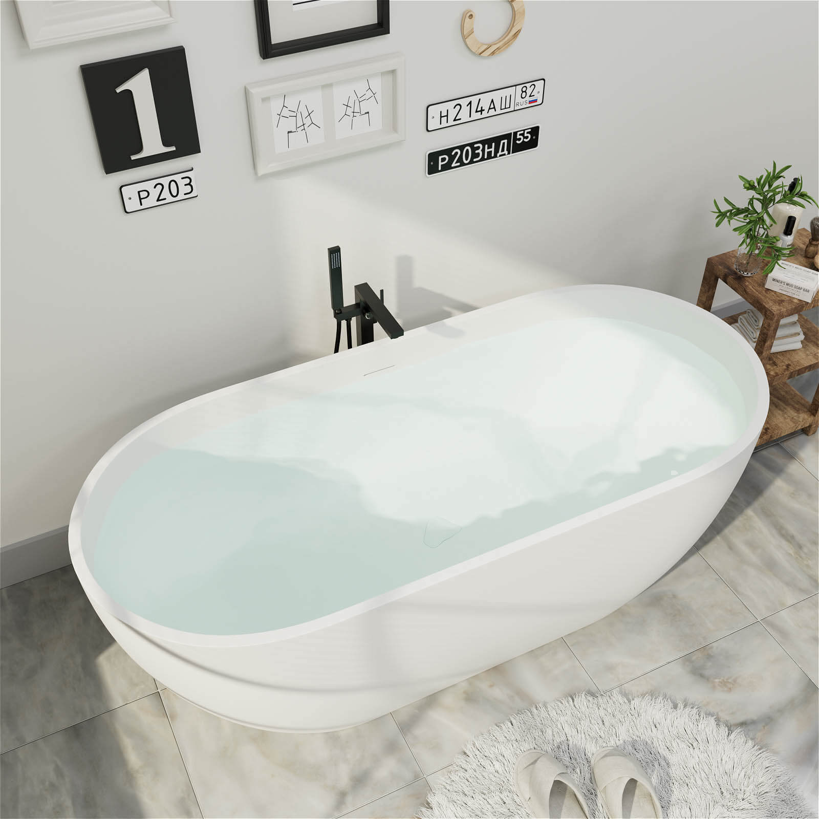 69'' Modern Bathtub Solid Surface Stone Resin Oval-shaped Freestanding Soaking Tub - Image 4