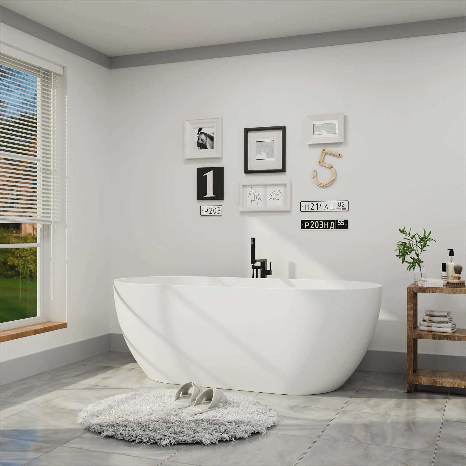 69'' Modern Bathtub Solid Surface Stone Resin Oval-shaped Freestanding Soaking Tub - Image 5