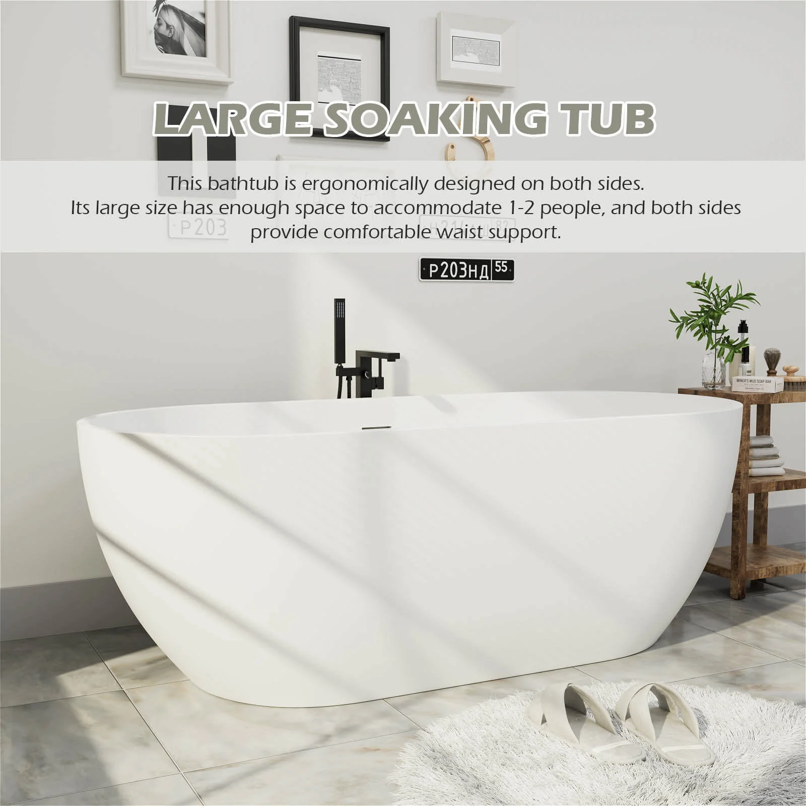 69'' Modern Bathtub Solid Surface Stone Resin Oval-shaped Freestanding Soaking Tub - Image 6