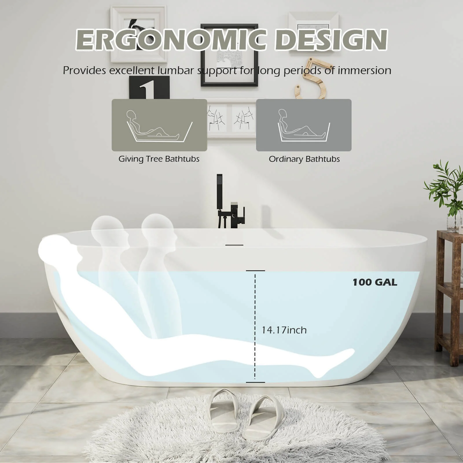 69'' Modern Bathtub Solid Surface Stone Resin Oval-shaped Freestanding Soaking Tub - Image 7