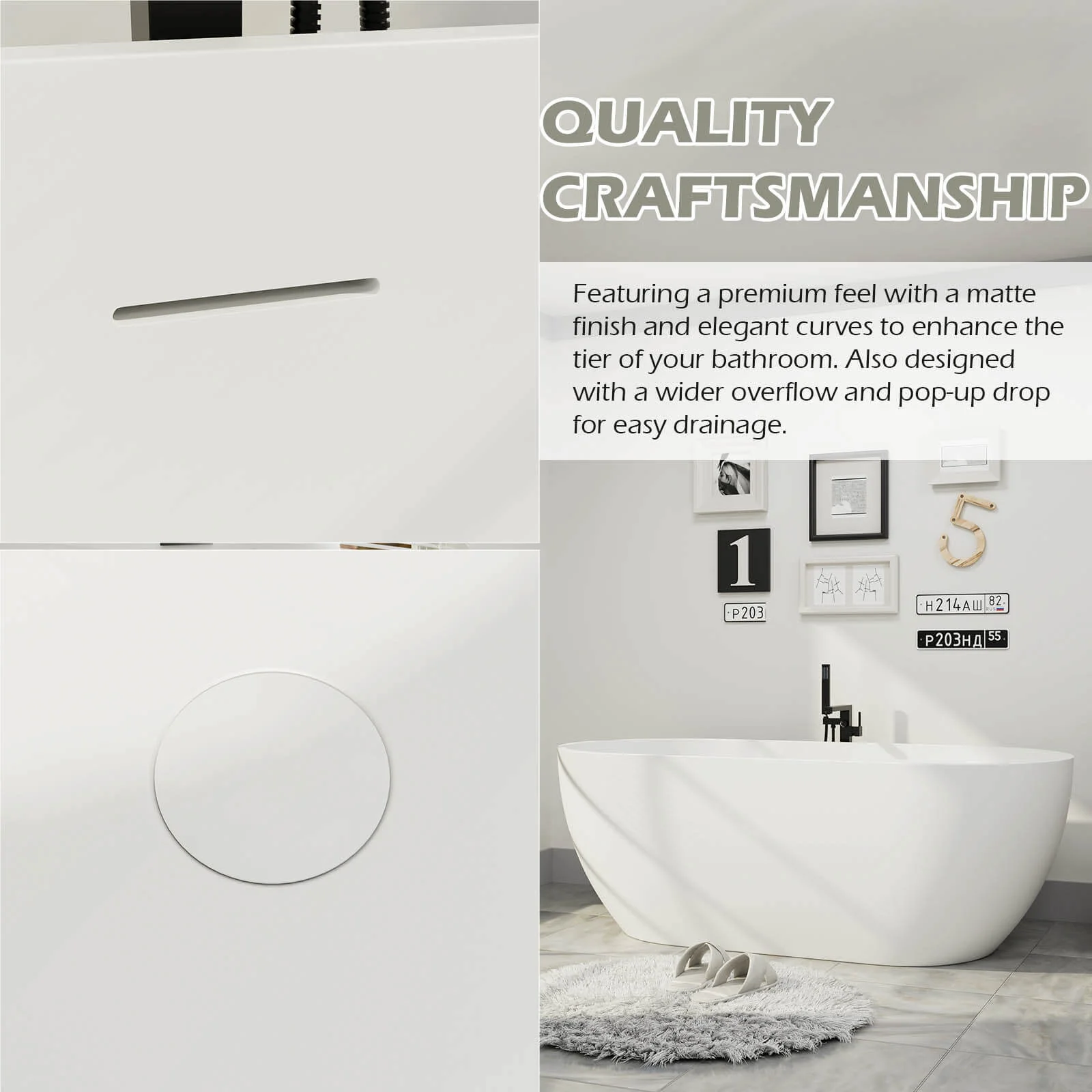 69'' Modern Bathtub Solid Surface Stone Resin Oval-shaped Freestanding Soaking Tub - Image 8