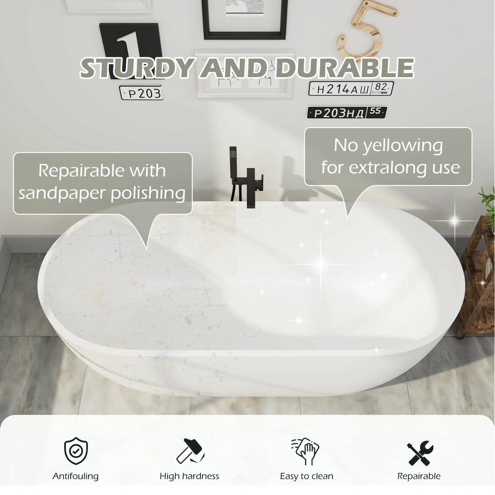 69'' Modern Bathtub Solid Surface Stone Resin Oval-shaped Freestanding Soaking Tub - Image 9