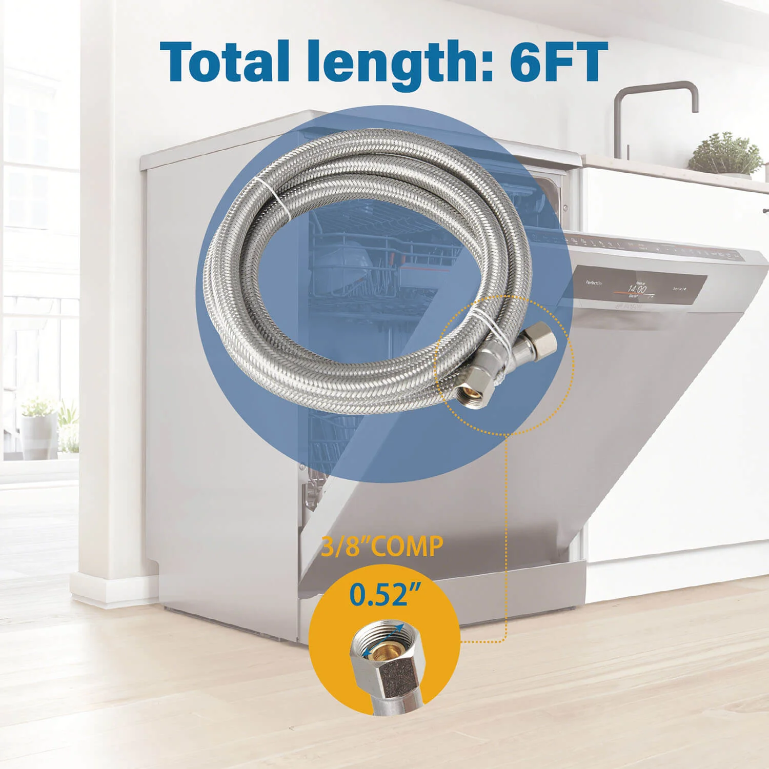 6FT Stainless Steel Dishwasher Supply Line with 3/8" Brass Compression Connections - Image 5