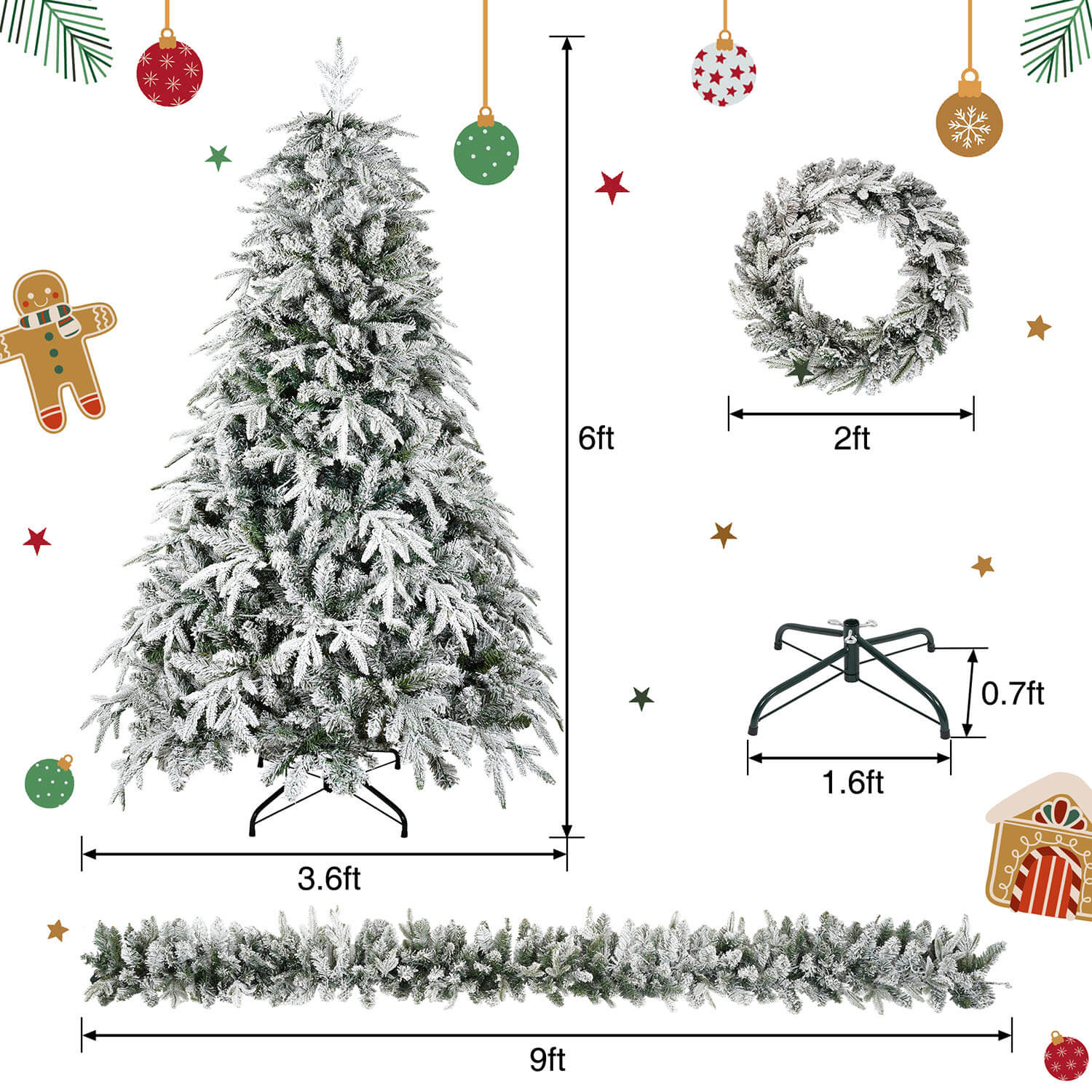 6ft Snow Christmas Tree with Lights - 3 Piece Set, Flocked Christmas Tree & Garland & Ribbon for Home Decor - Image 4
