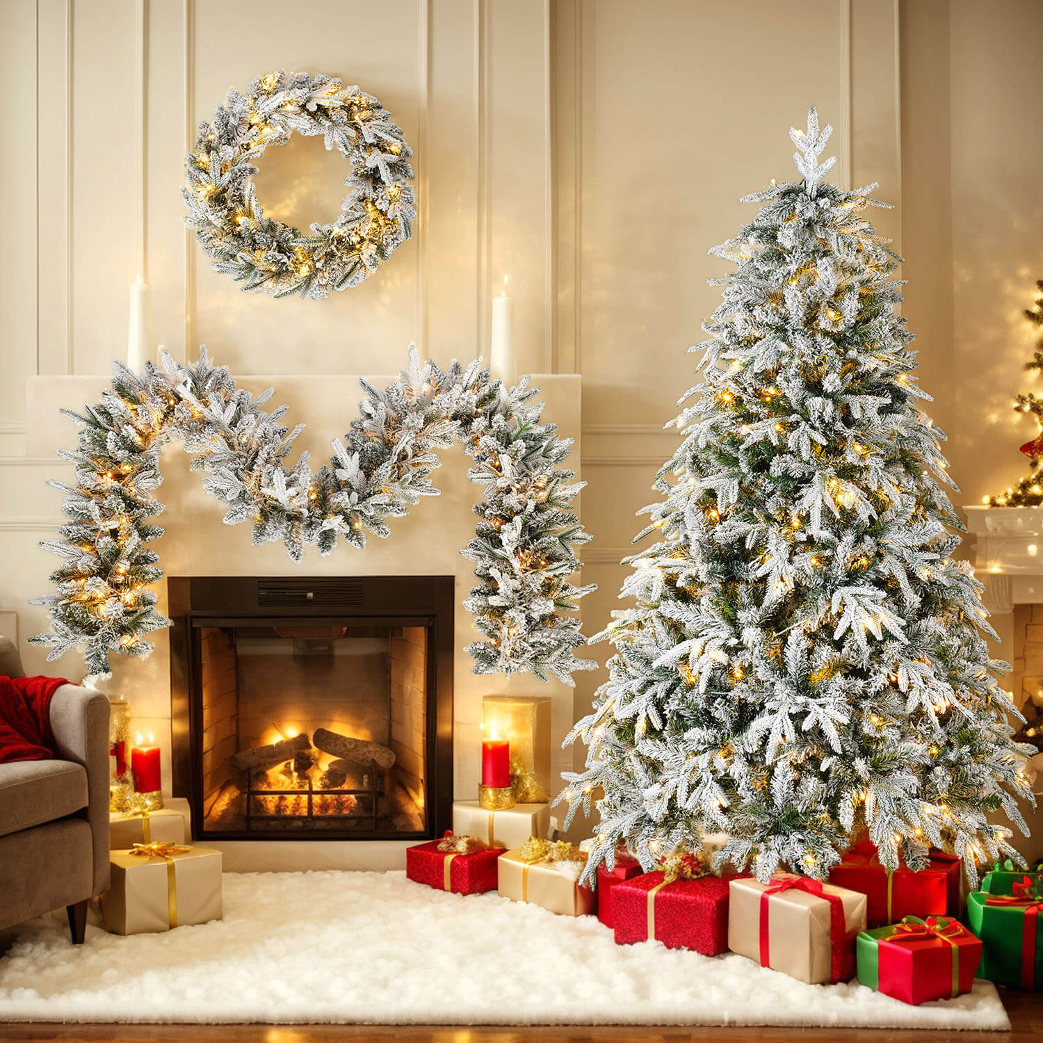 6ft Snow Christmas Tree with Lights - 3 Piece Set, Flocked Christmas Tree & Garland & Ribbon for Home Decor - Image 7