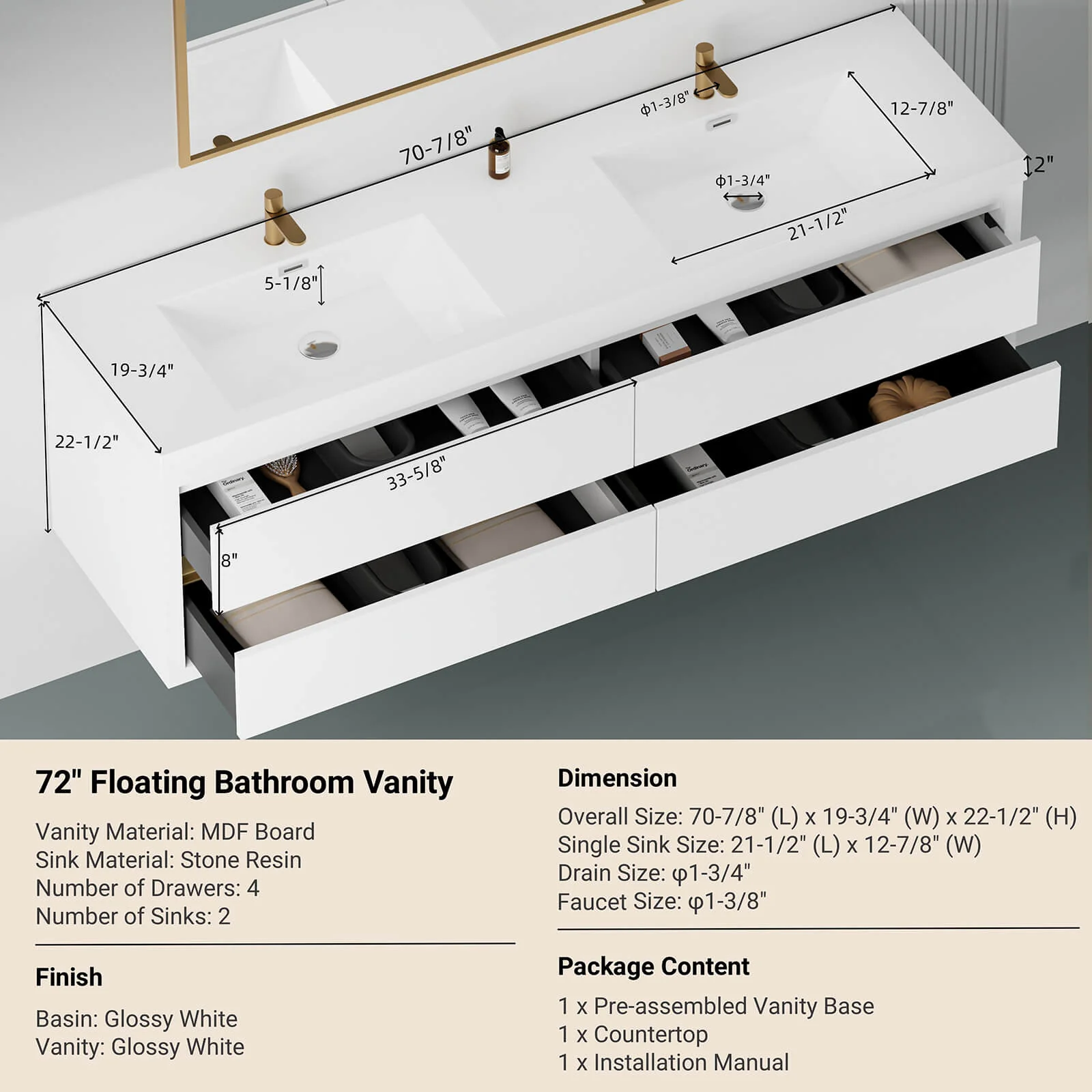 70" Luxurious Double-Sink Vanity with Gold Accent Design - Image 9