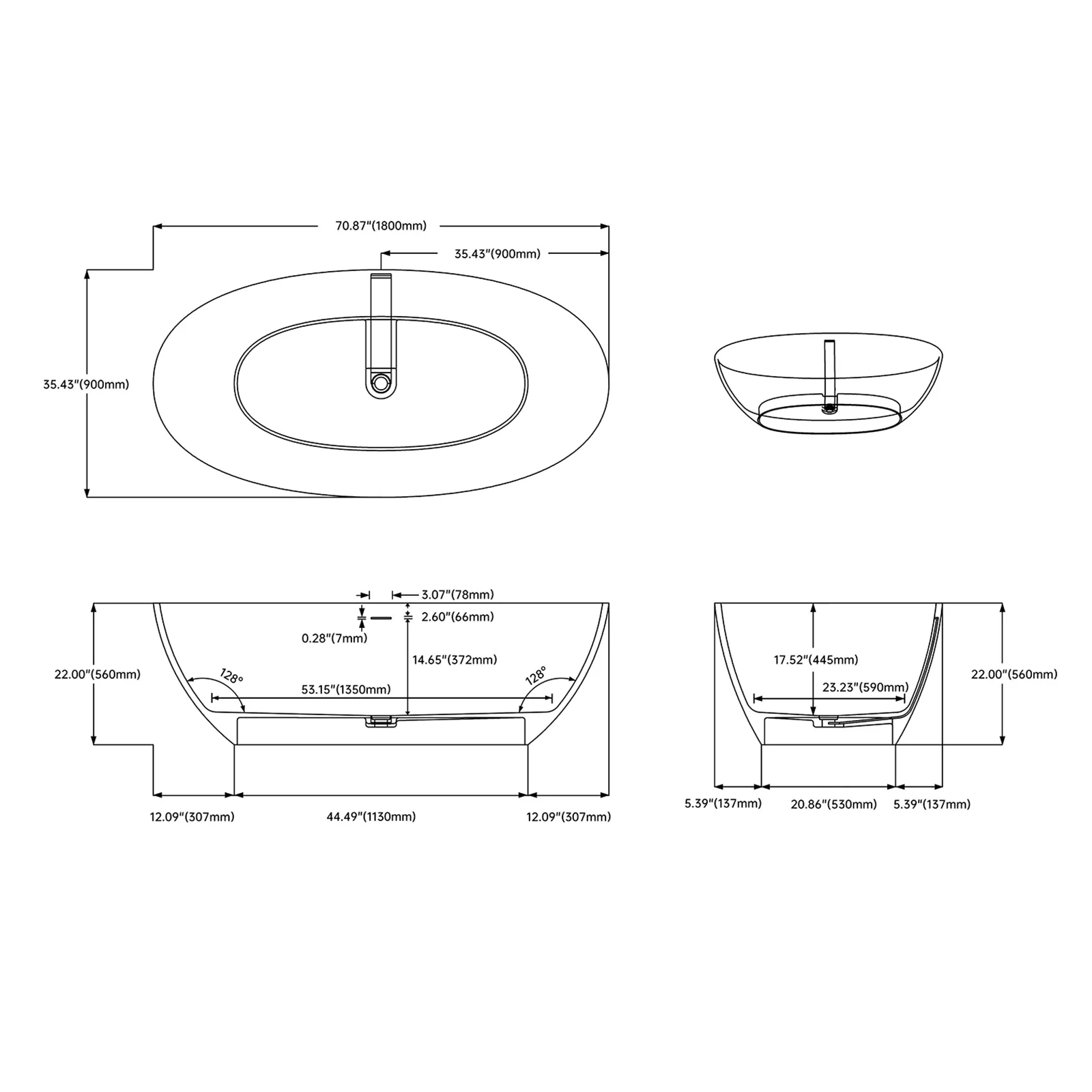 71" Solid Surface Stone Resin Oval-shaped Freestanding Soaking Bathtub with Overflow - Image 10