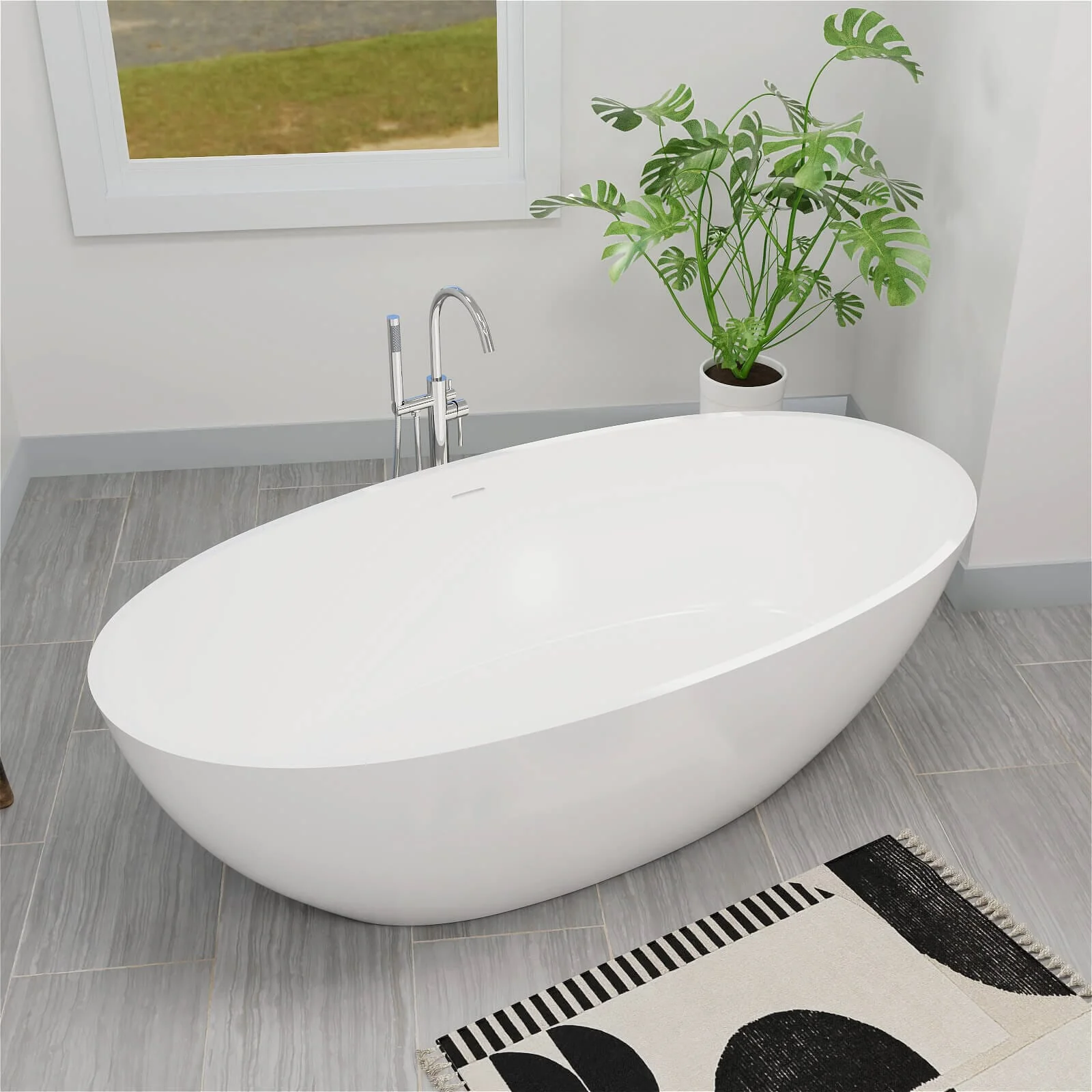 71" Solid Surface Stone Resin Oval-shaped Freestanding Soaking Bathtub with Overflow - Image 3