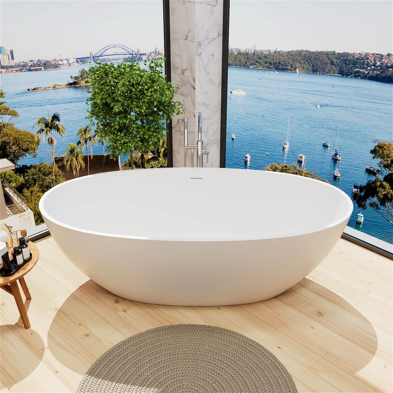 71" Solid Surface Stone Resin Oval-shaped Freestanding Soaking Bathtub with Overflow - Image 4