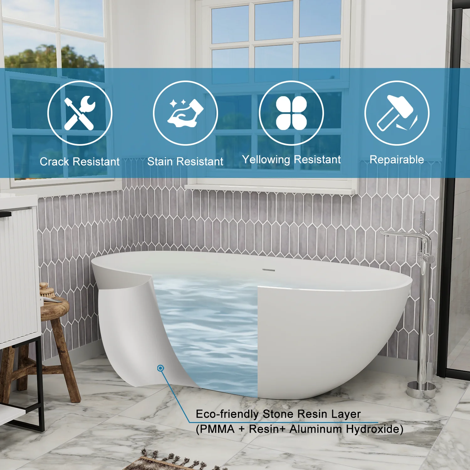 71" Solid Surface Stone Resin Oval-shaped Freestanding Soaking Bathtub with Overflow - Image 8