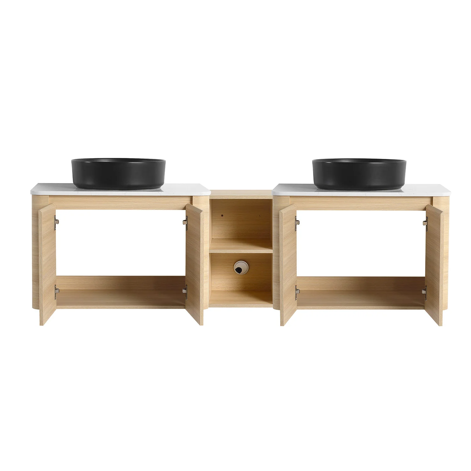 72" White Oak Bathroom Vanity with Double Black Ceramic Sink and Open Shelves - Image 5