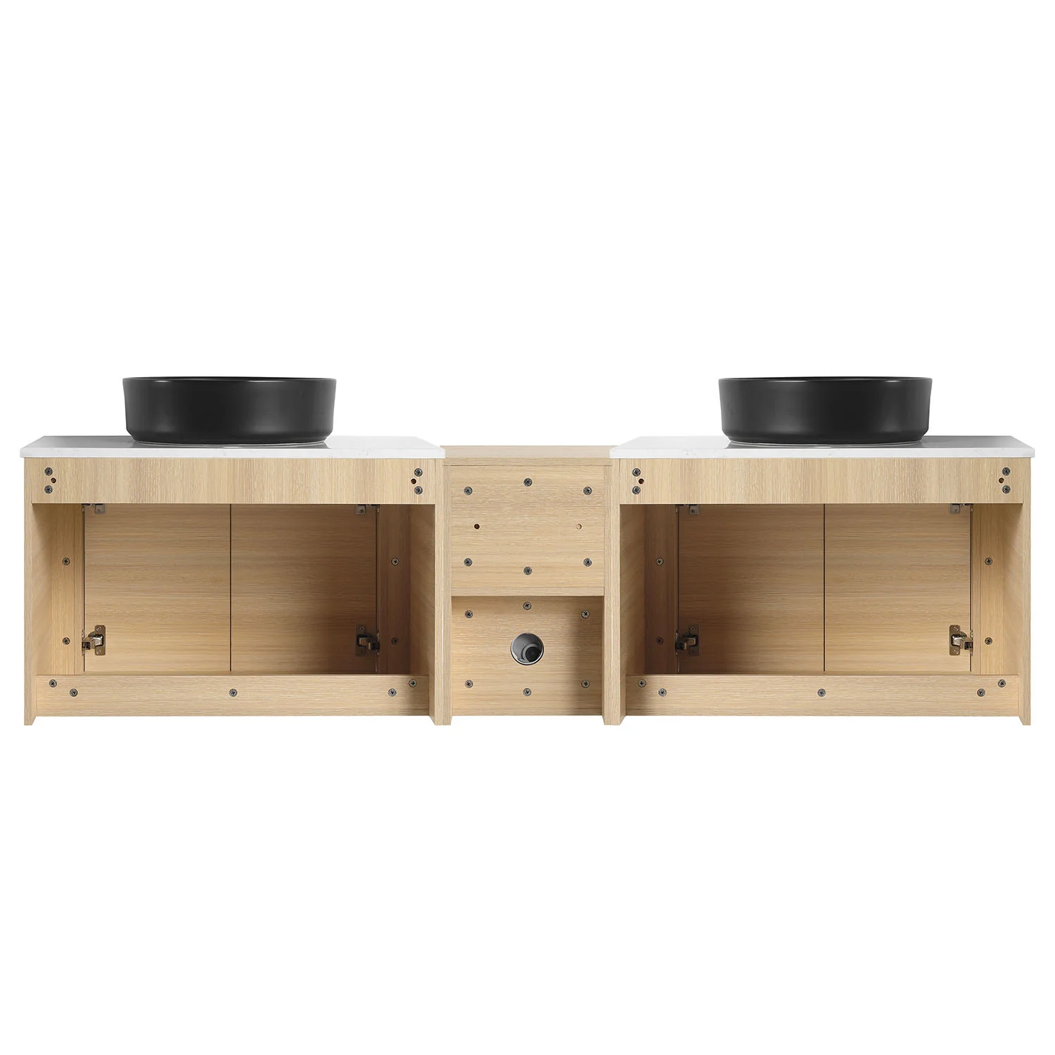 72" White Oak Bathroom Vanity with Double Black Ceramic Sink and Open Shelves - Image 6