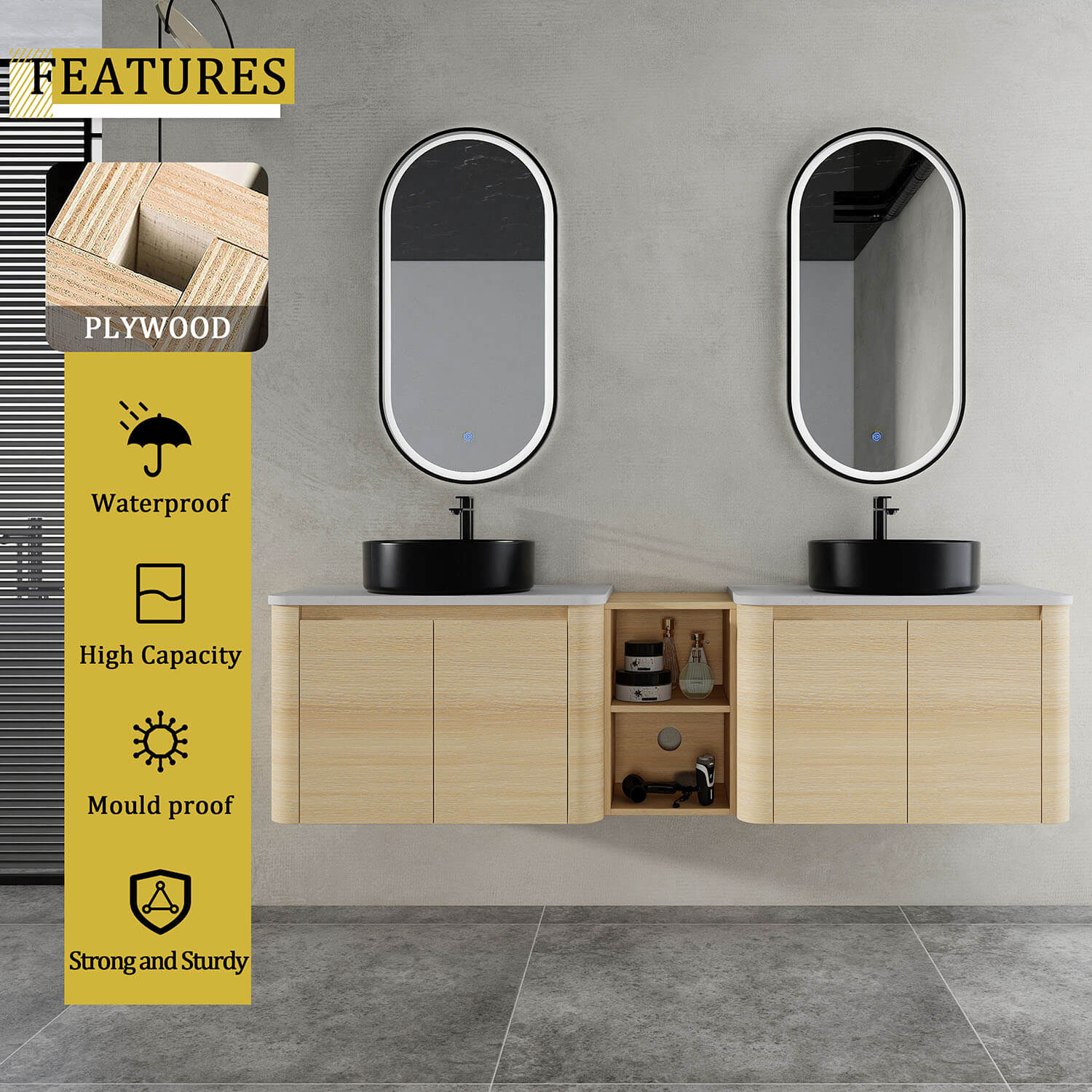 72" White Oak Bathroom Vanity with Double Black Ceramic Sink and Open Shelves - Image 9