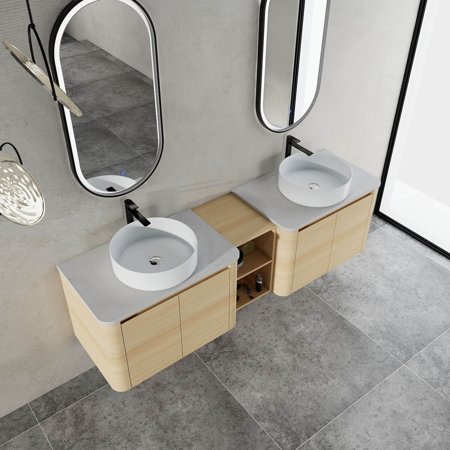 72" White Oak Bathroom Vanity with Double White Ceramic Sink and Open Shelves - Image 3