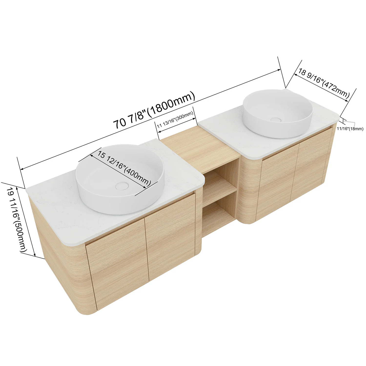 72" White Oak Bathroom Vanity with Double White Ceramic Sink and Open Shelves - Image 4