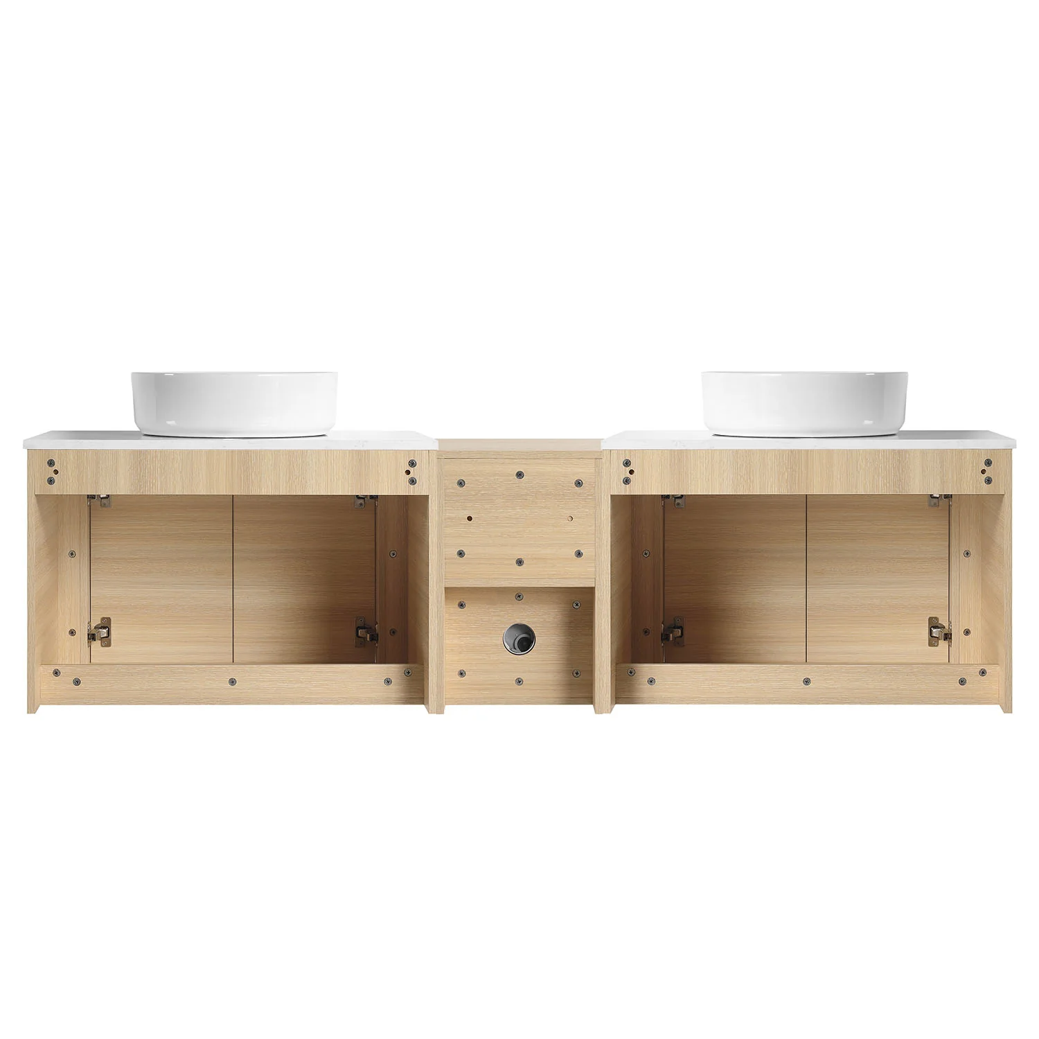 72" White Oak Bathroom Vanity with Double White Ceramic Sink and Open Shelves - Image 6