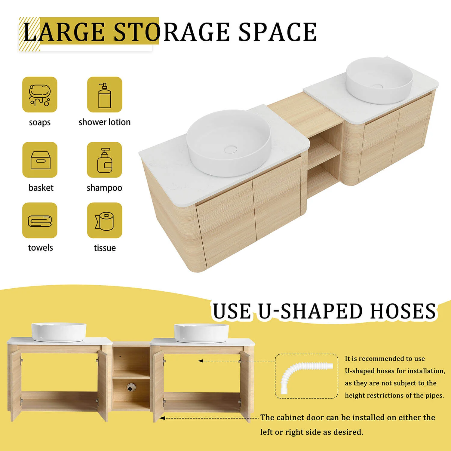 72" White Oak Bathroom Vanity with Double White Ceramic Sink and Open Shelves - Image 8
