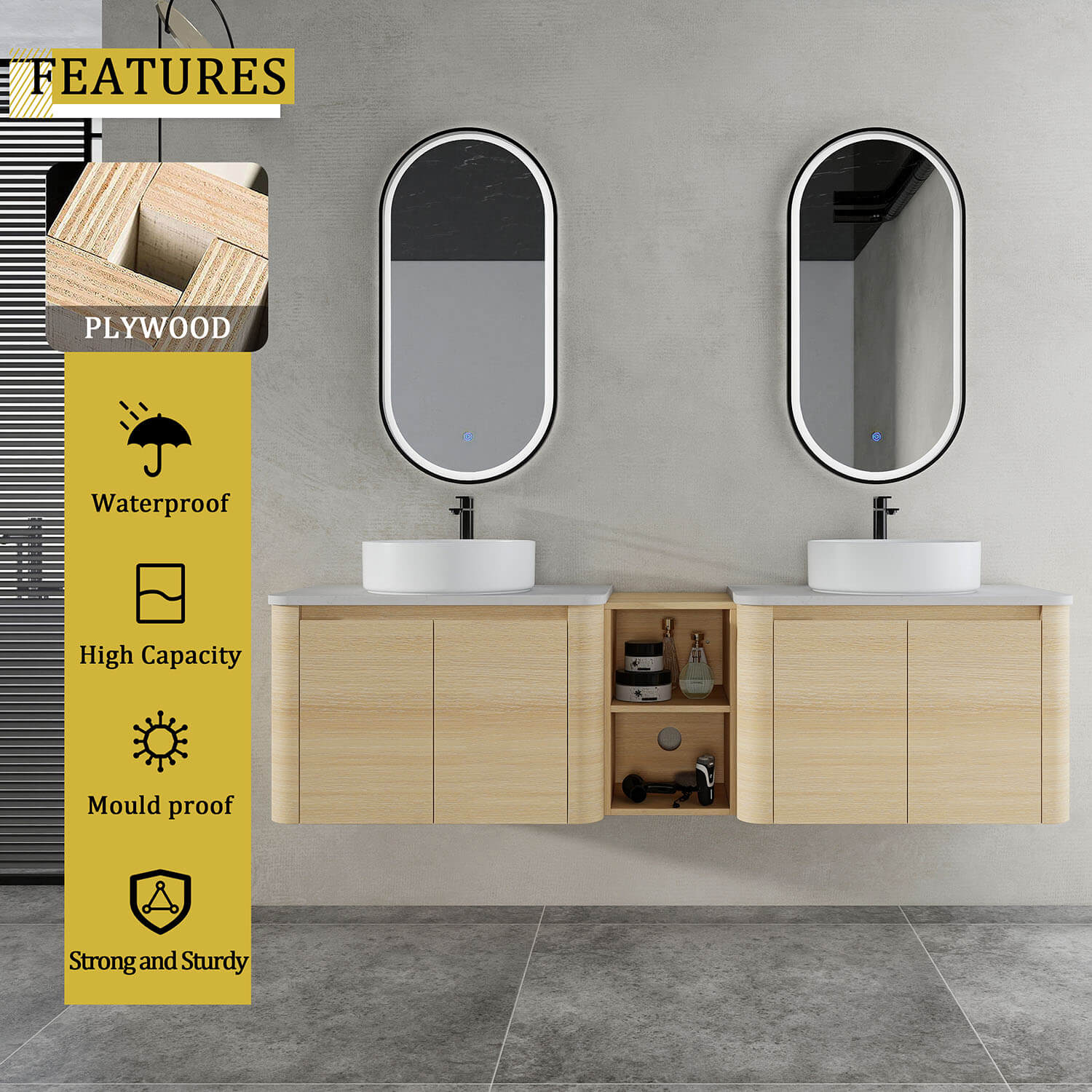 72" White Oak Bathroom Vanity with Double White Ceramic Sink and Open Shelves - Image 9