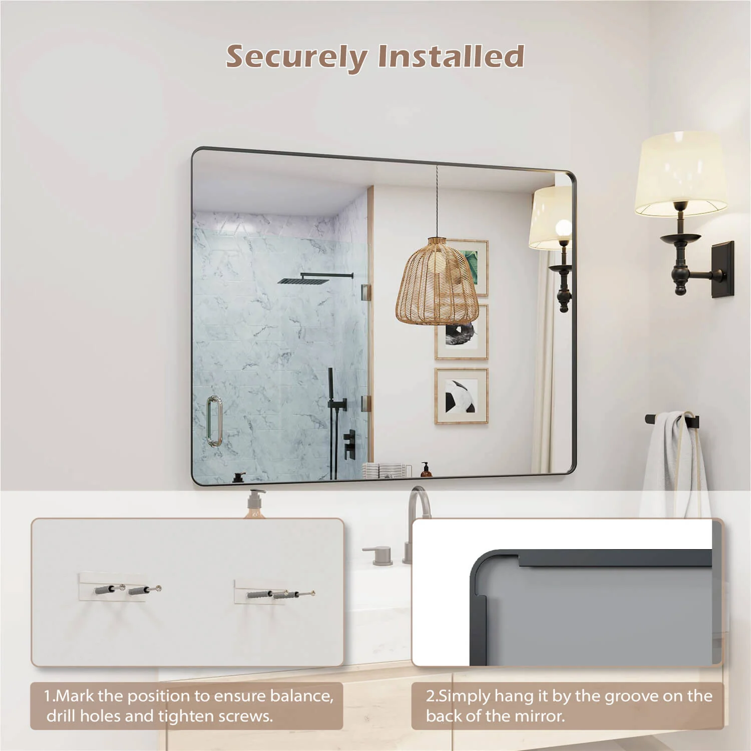 60"x28" Black Framed Mirror with Tempered Glass, Horizontal or Vertical - Image 7