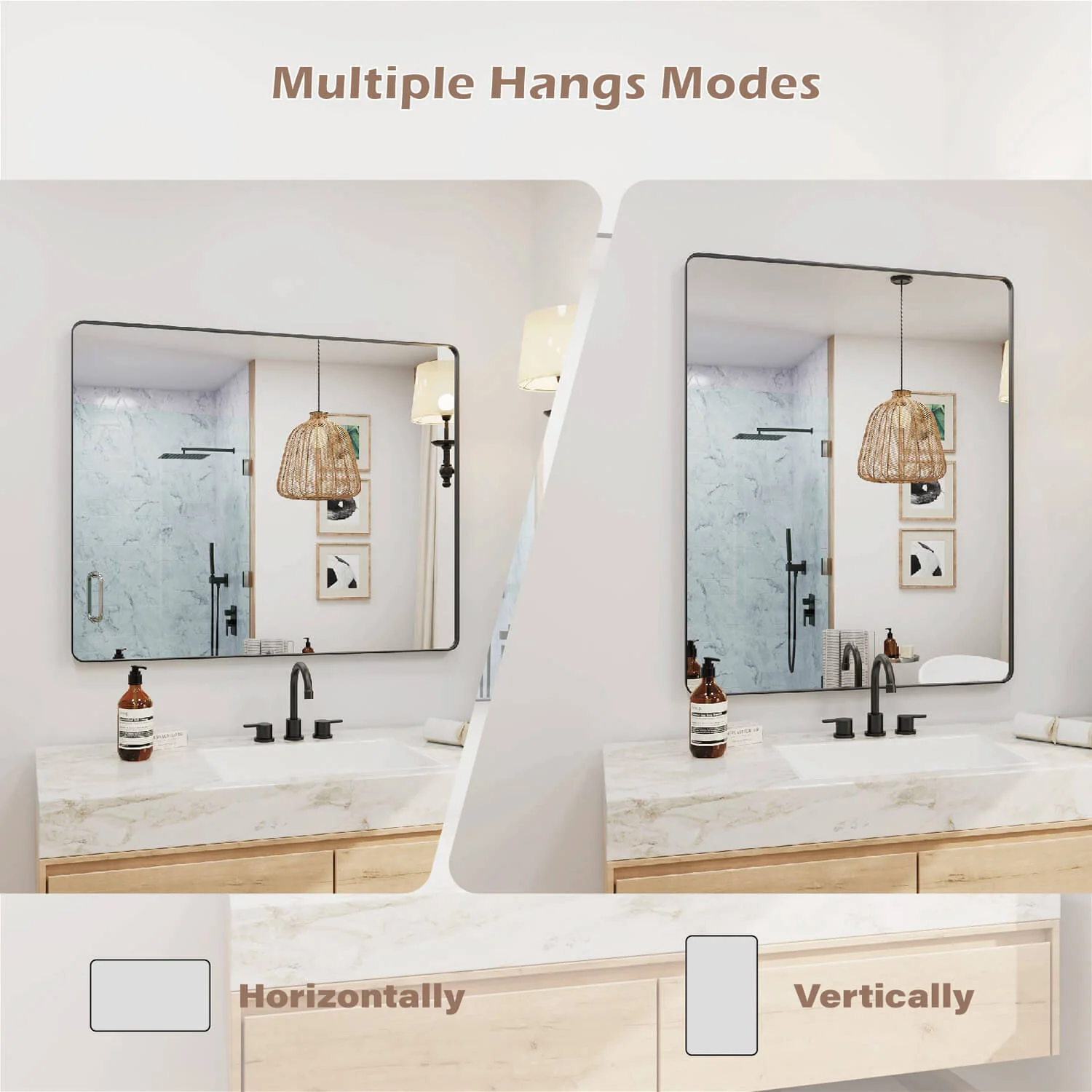 60"x28" Black Framed Mirror with Tempered Glass, Horizontal or Vertical - Image 8