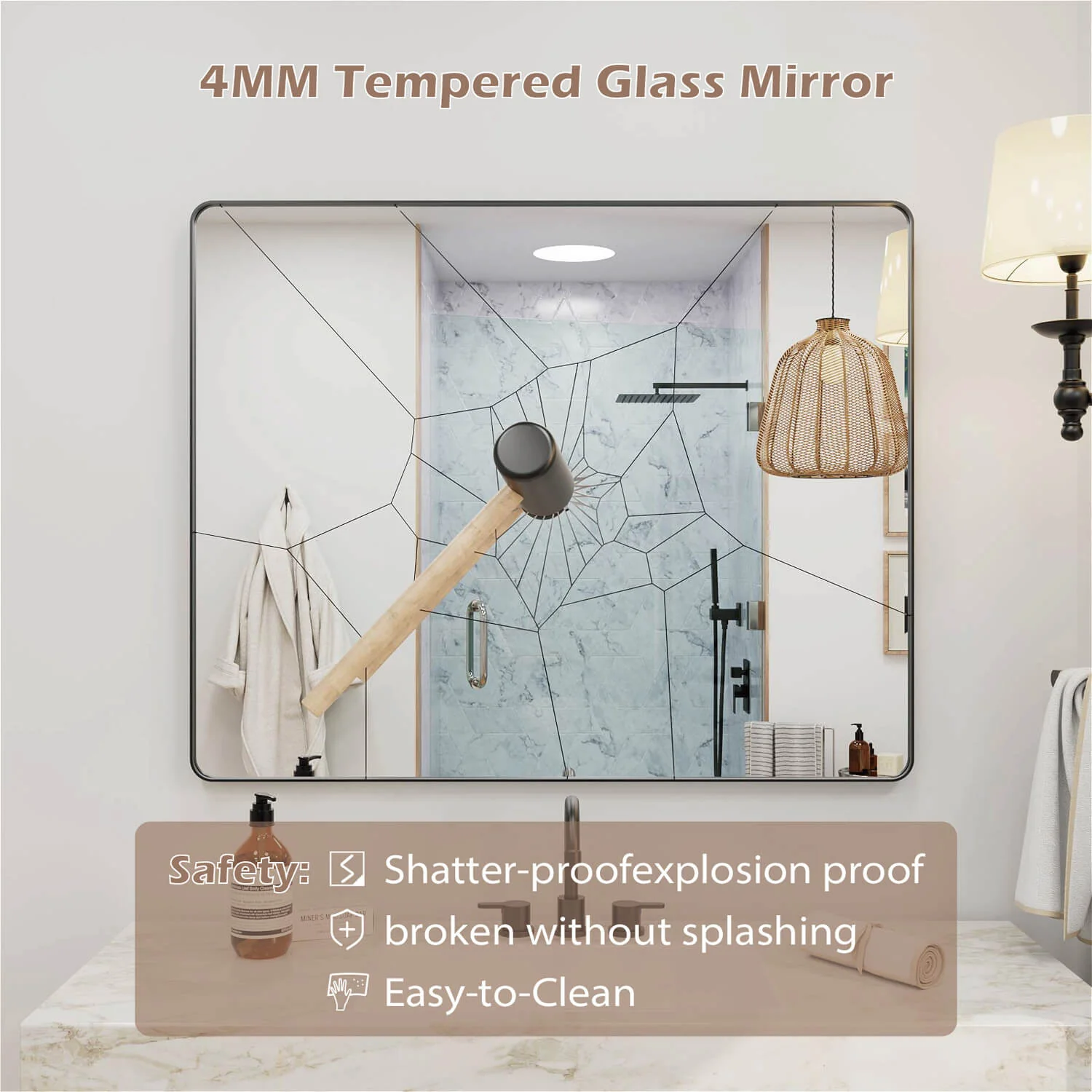 60"x28" Black Framed Mirror with Tempered Glass, Horizontal or Vertical - Image 9
