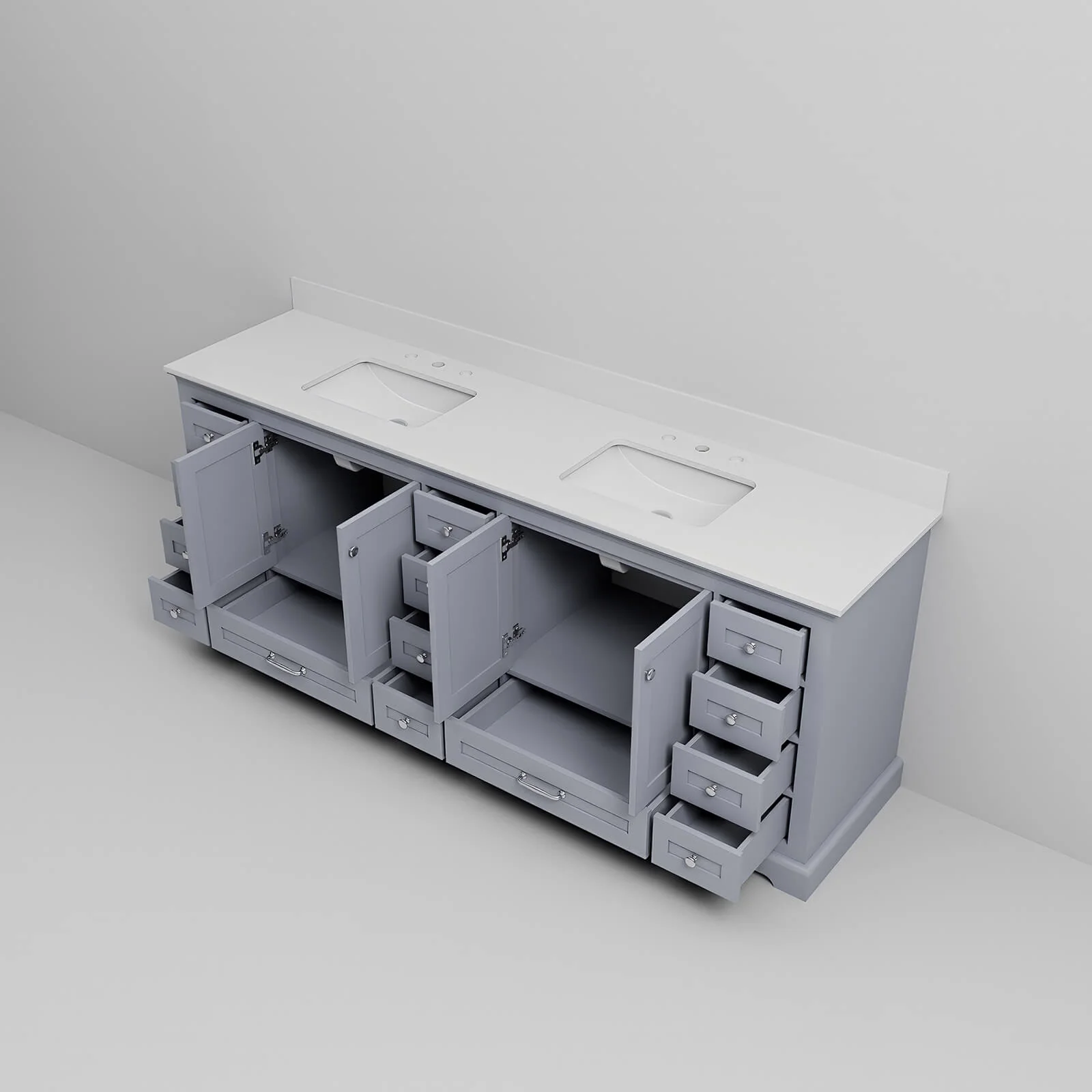 84" Gray Double Vanity with White Quartz Countertop - Image 9