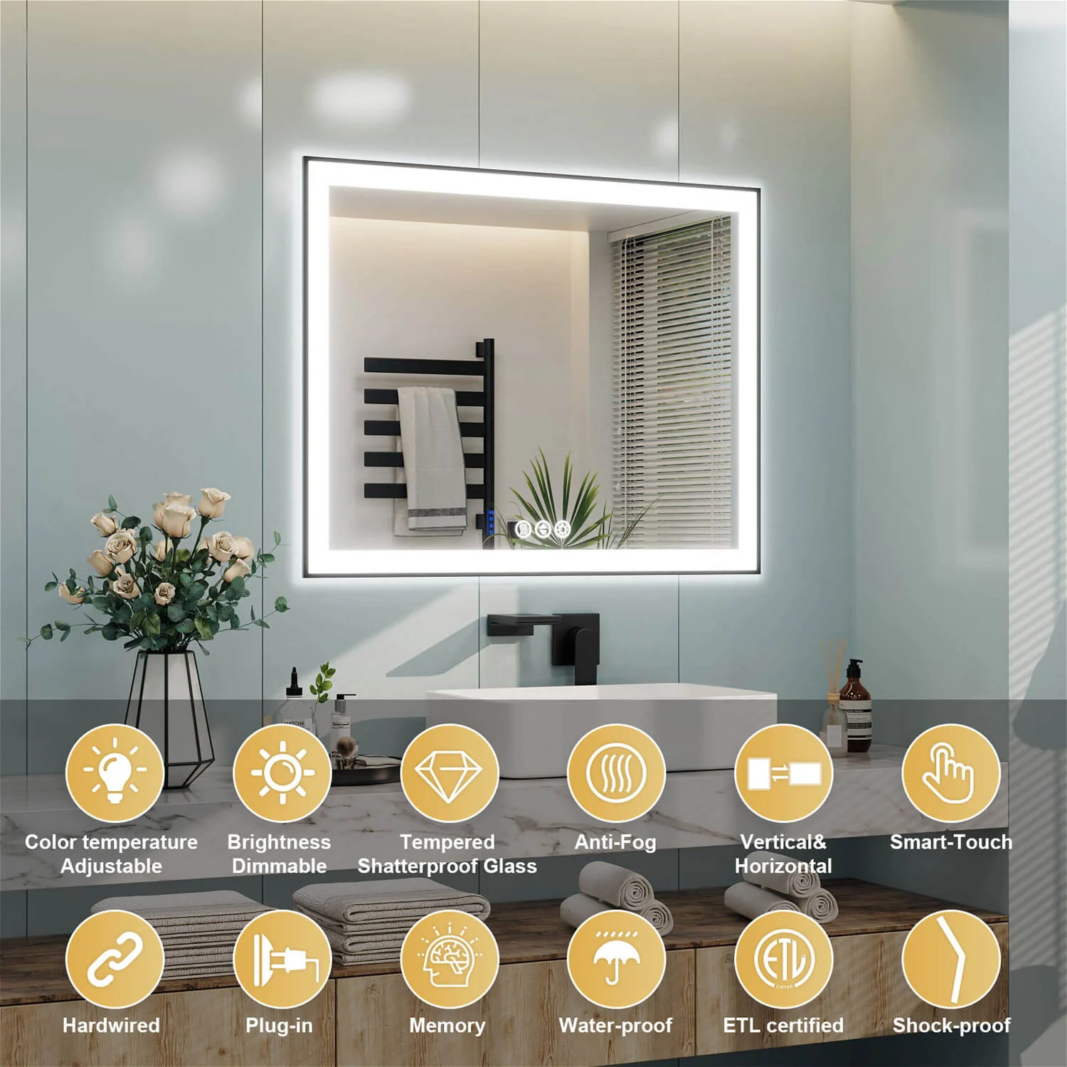 84"x40" LED Bathroom Mirror Anti-Fog Dimmable ETL Shatterproof Glass - Image 5