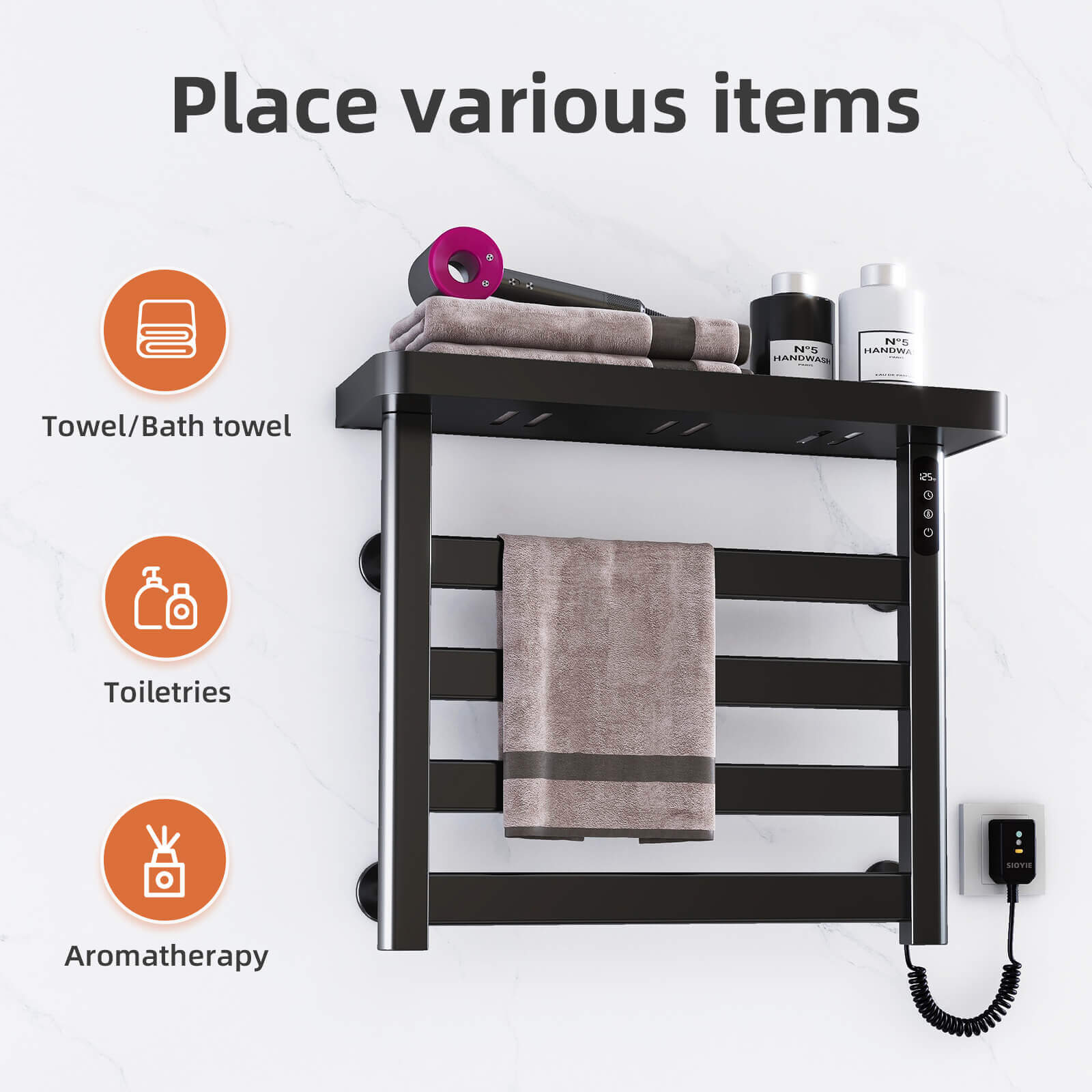 Black Plug-In Heated Towel Rack - Image 6
