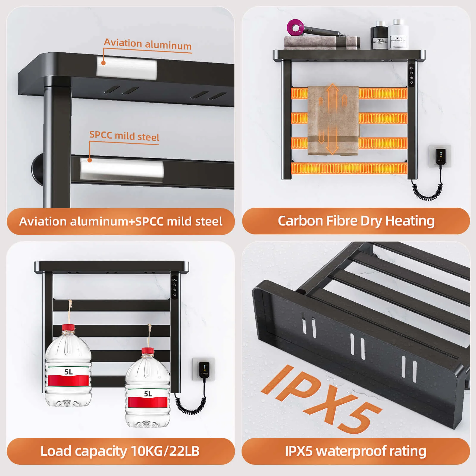 Black Plug-In Heated Towel Rack - Image 8