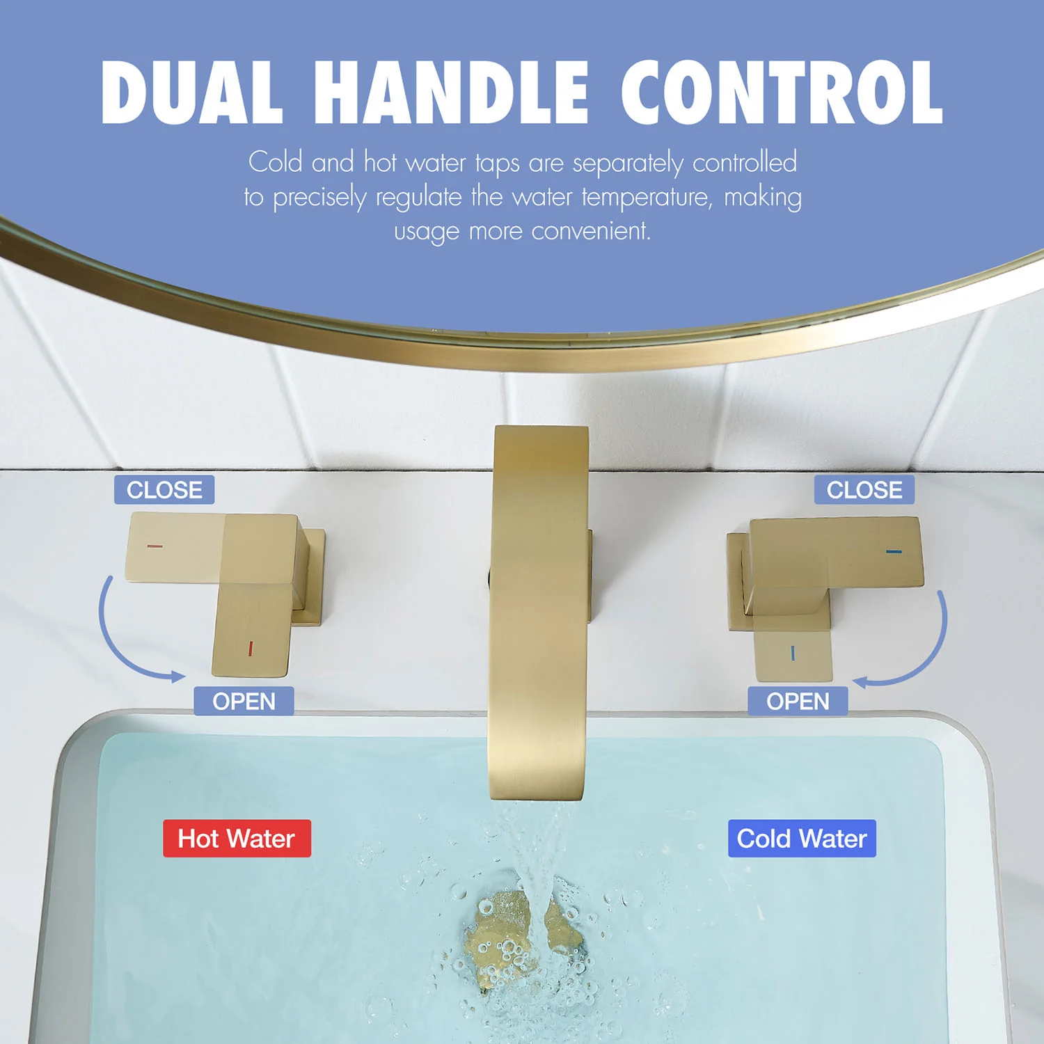 Brushed Gold 2 Handle Waterfall Widespread Bathroom Faucet for 3 Hole Sink - Image 3