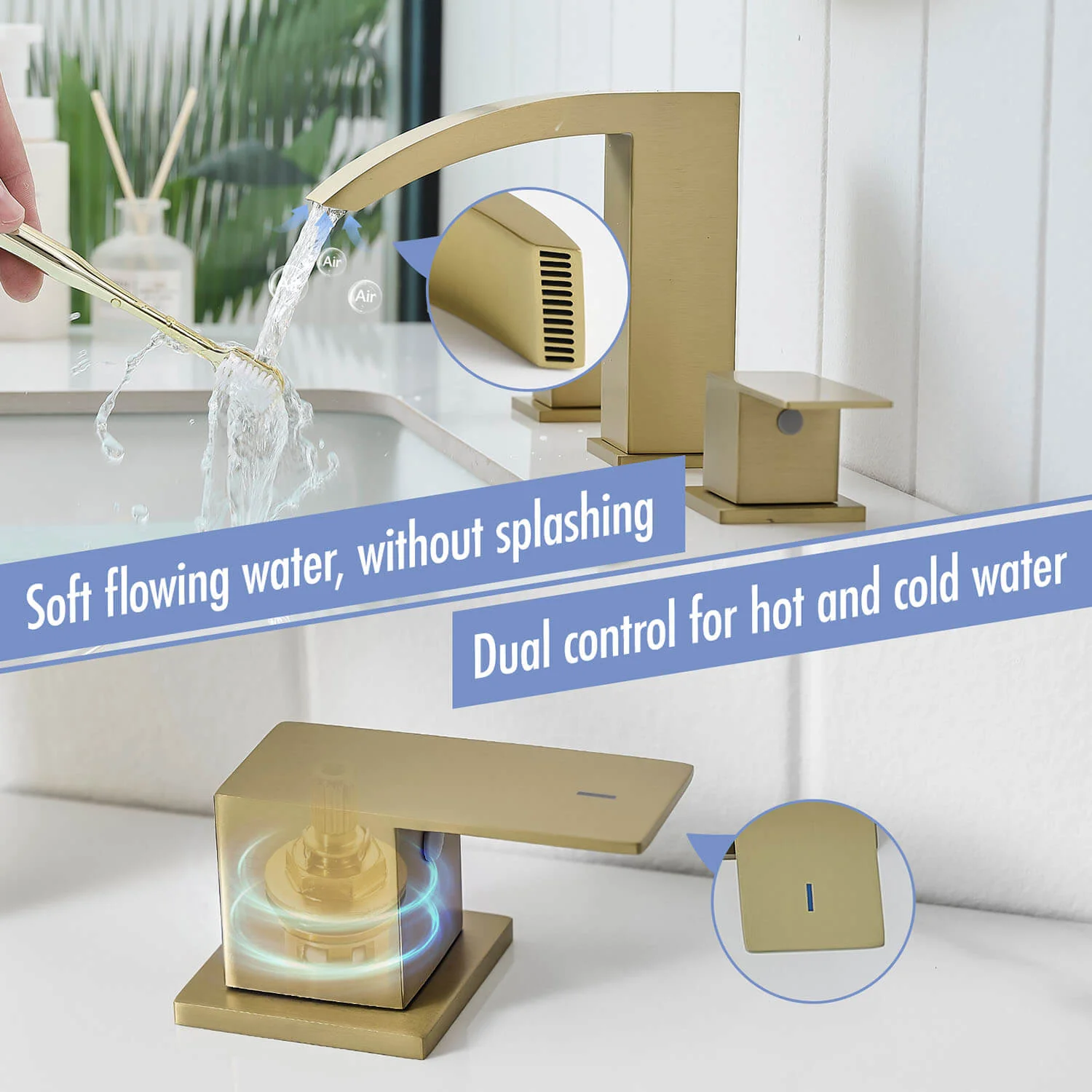 Brushed Gold 2 Handle Waterfall Widespread Bathroom Faucet for 3 Hole Sink - Image 4