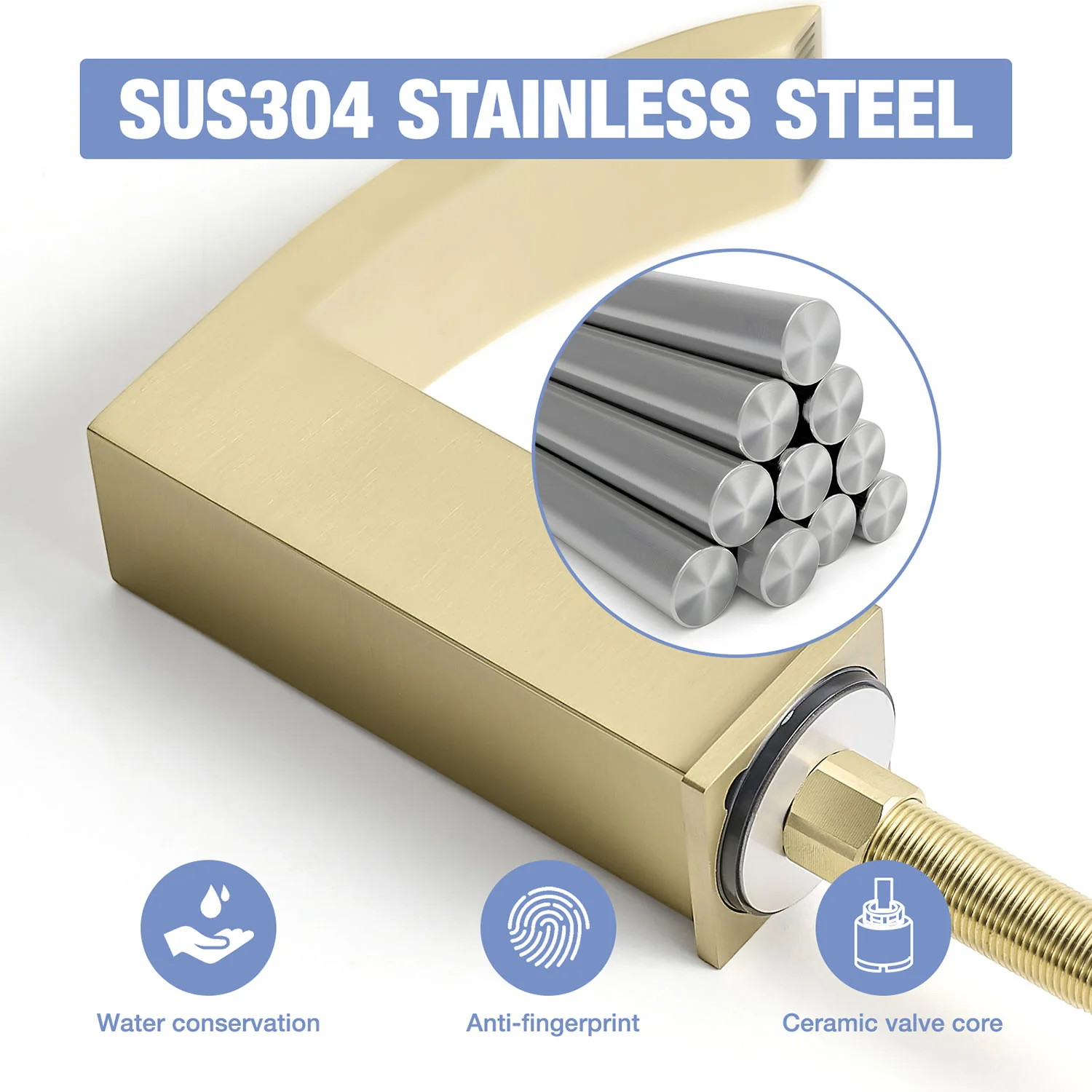 Brushed Gold 2 Handle Waterfall Widespread Bathroom Faucet for 3 Hole Sink - Image 5