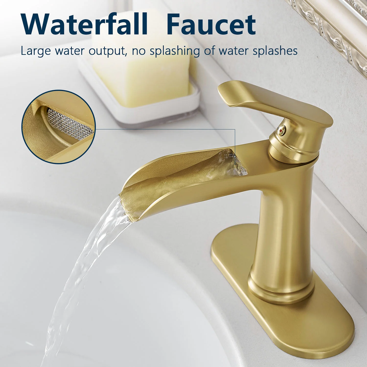 Brushed Gold Single Handle Waterfall Bathroom Faucet with Pop Up Drain and Deck Plate - Image 3